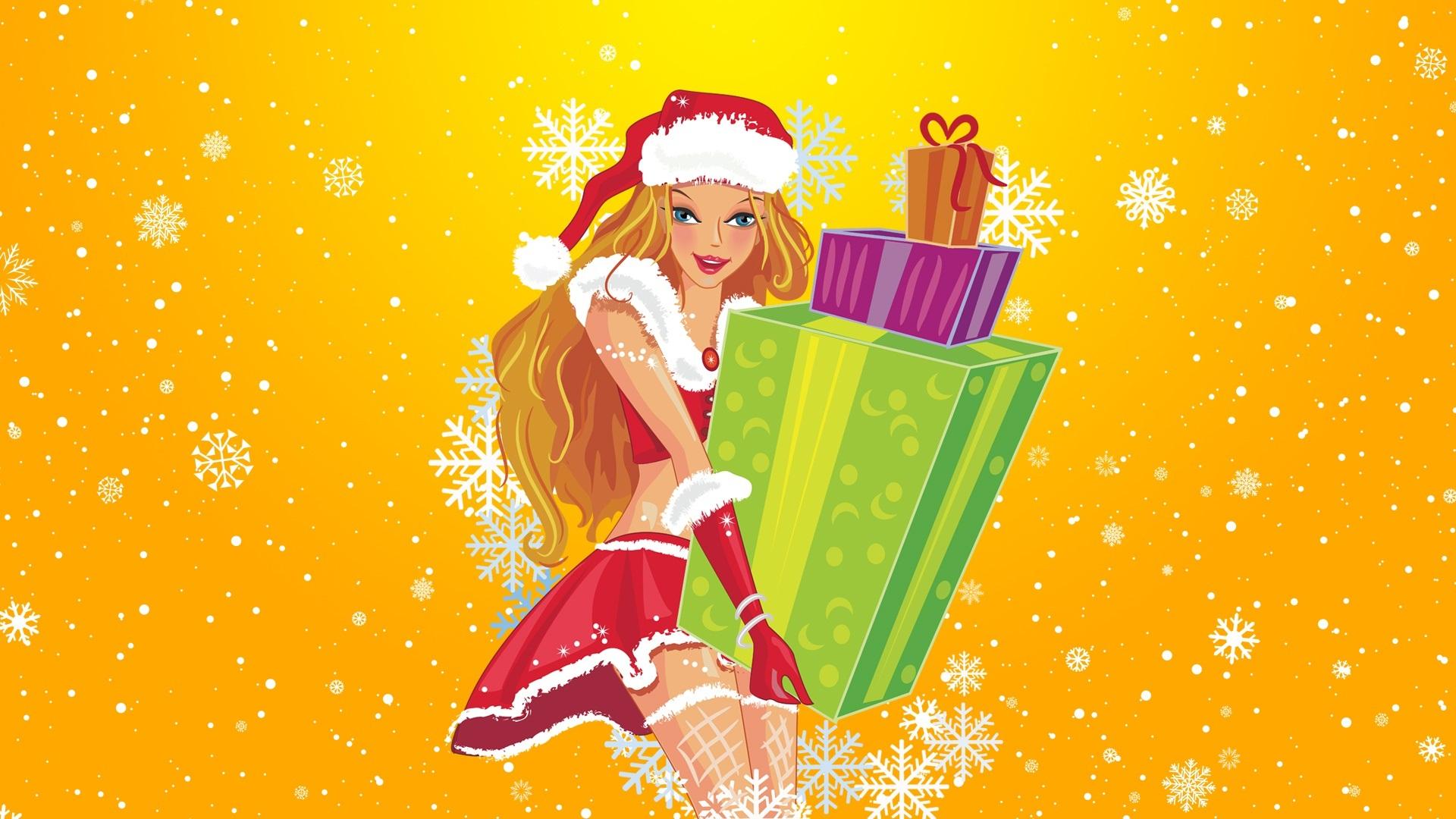 Wallpaper Shopping girl, gifts, Christmas, vector 1920x1080