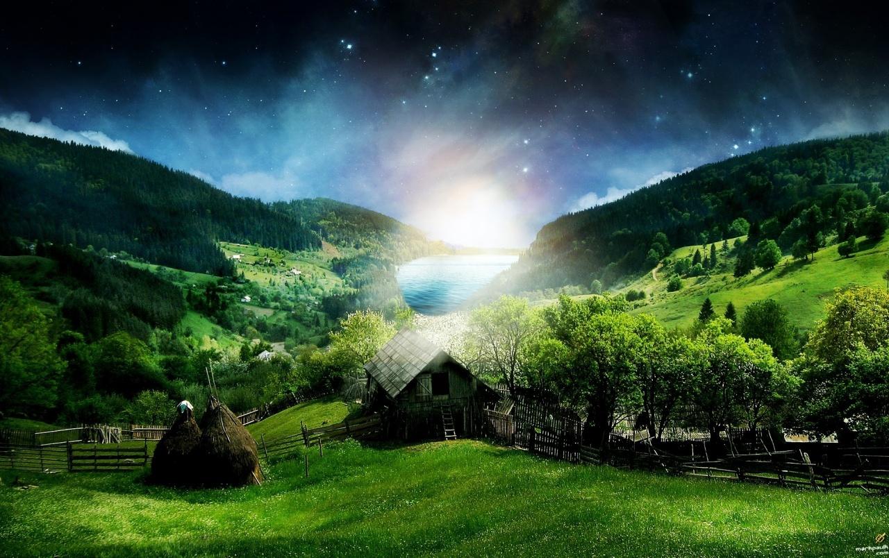 Peaceful Village Night Stars wallpaper. Peaceful Village