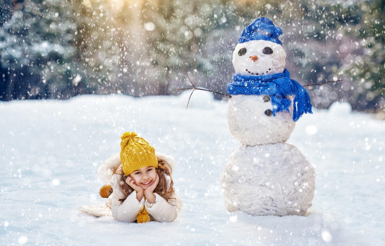 Wallpaper Winter, Children, Girl, Snowflakes, Snowman, Caps image for desktop, section настроения
