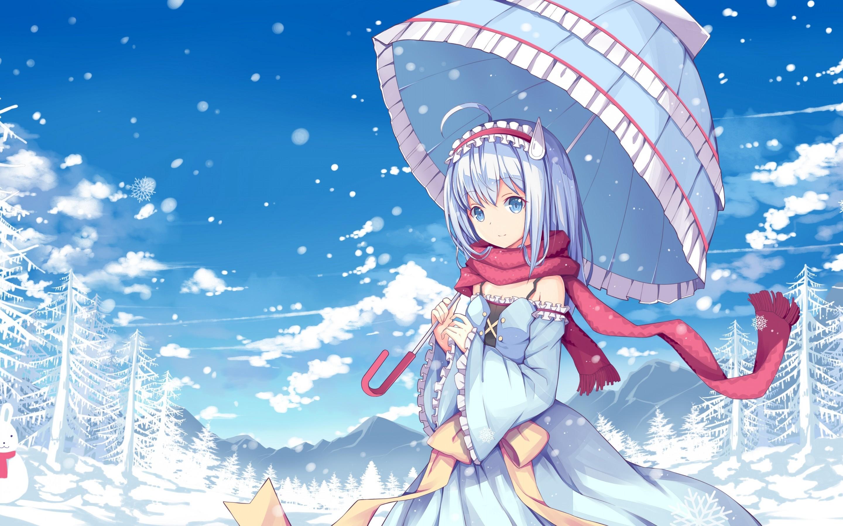 Download 2880x1800 Anime Girl, Blue Hair, Snow, Umbrella