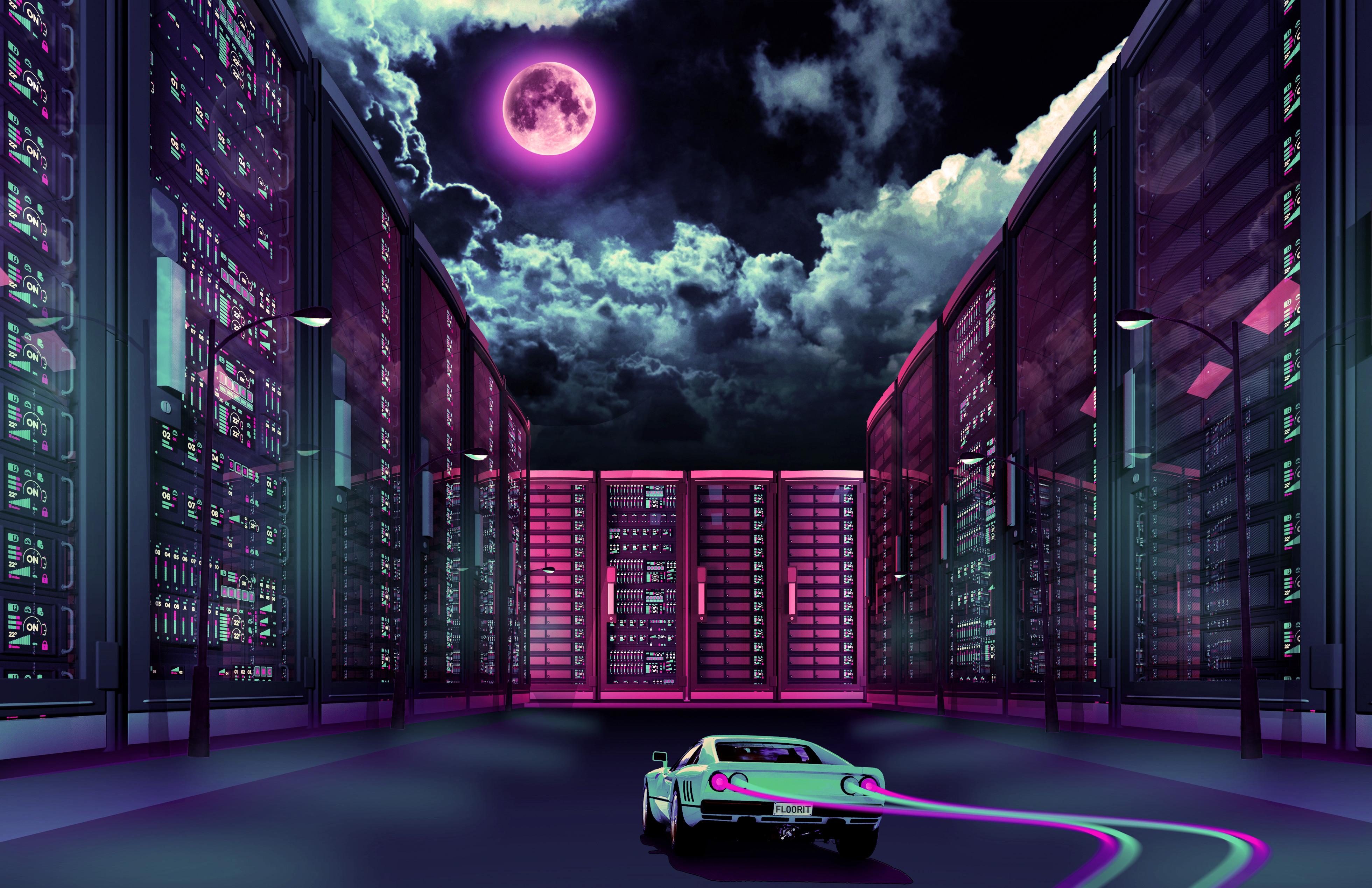 Retrowave Car Going Through City Moon, HD Artist, 4k