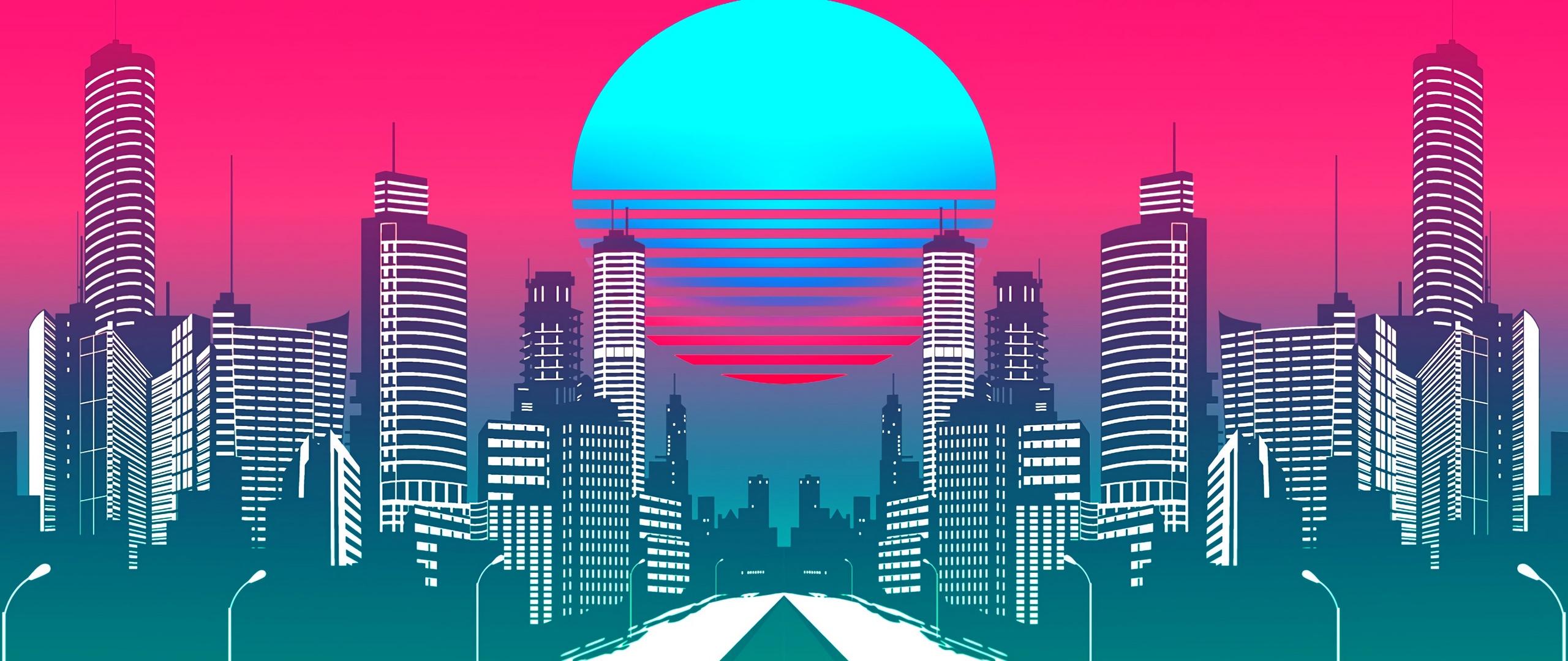 Download wallpaper 2560x1080 city, art, retrowave, synthwave, retro dual wide 1080p HD background
