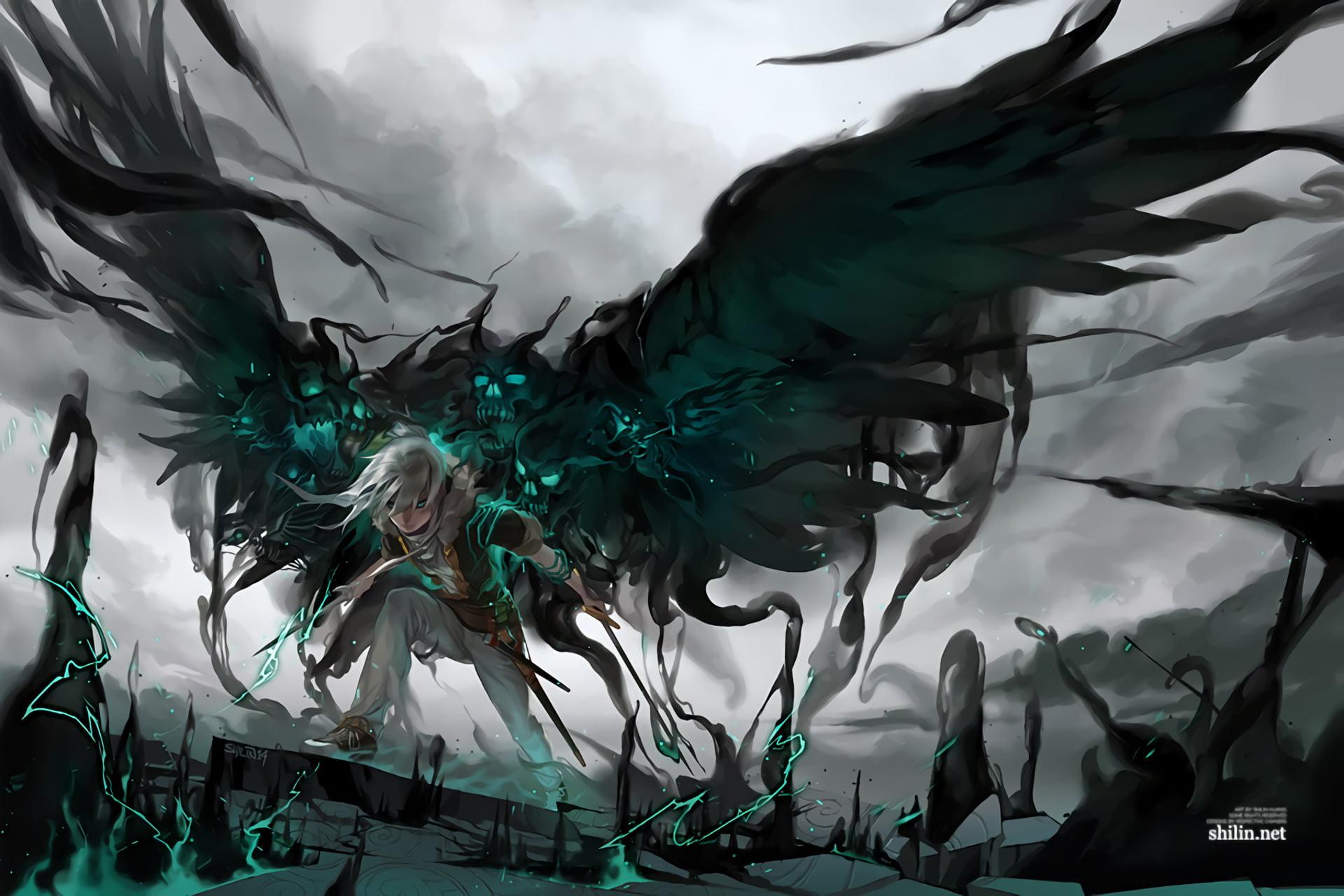 Gray haired male anime chracter, wings, angel, demon HD wallpaper