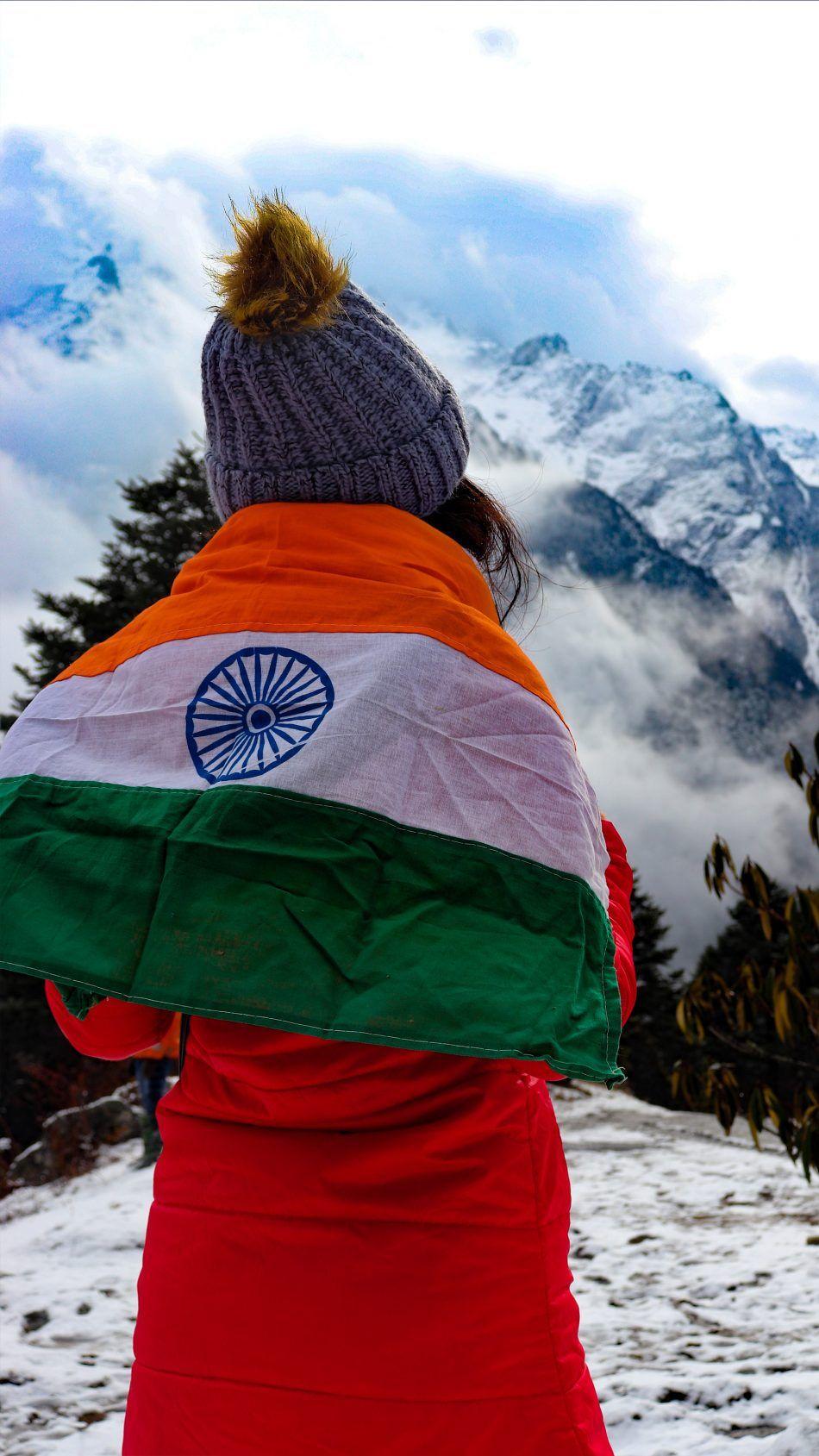 Girl Indian Flag Snow Mountains. Indian flag