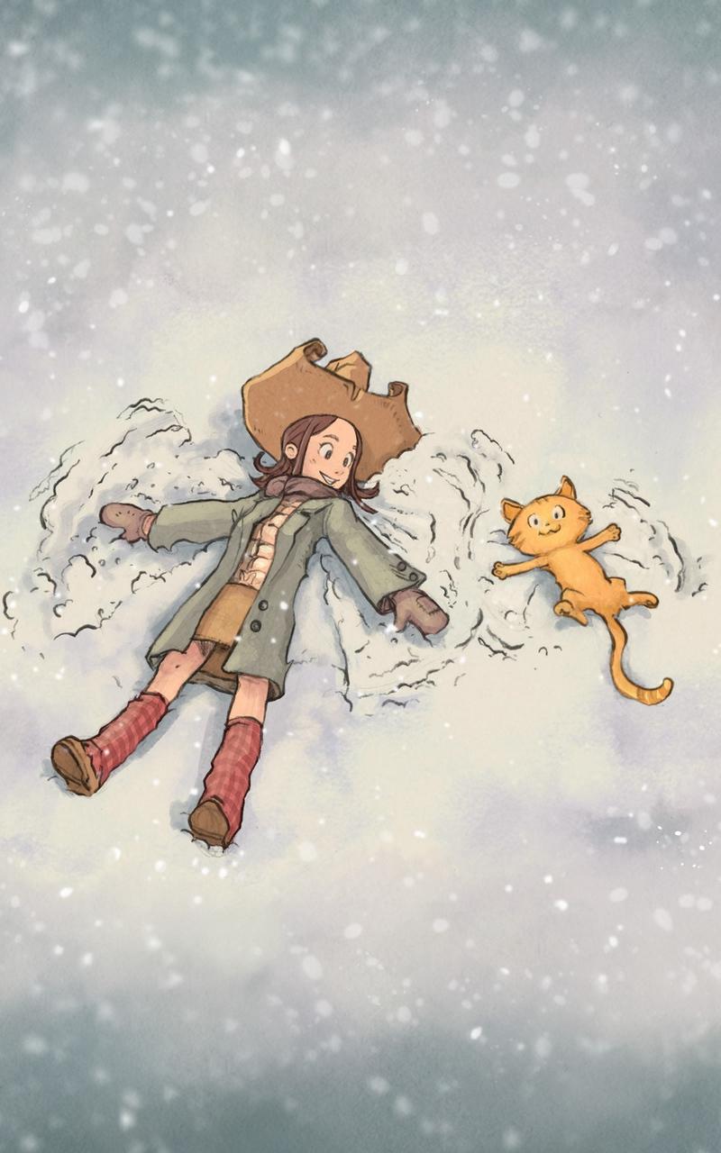 Download wallpaper 800x1280 girl, cat, snow, play