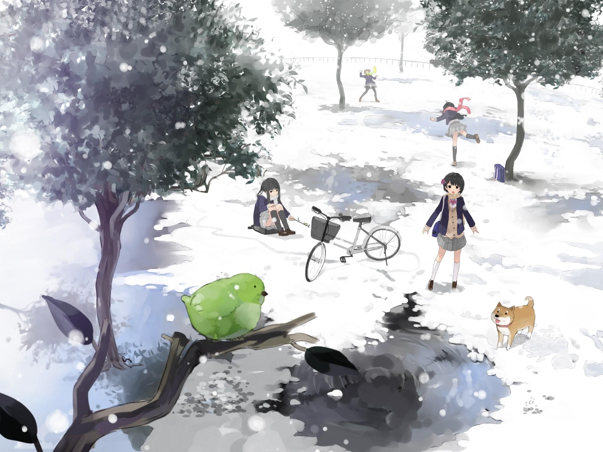Download 2048x1536 Anime Girls, Snow, Dog, Bird, Playing