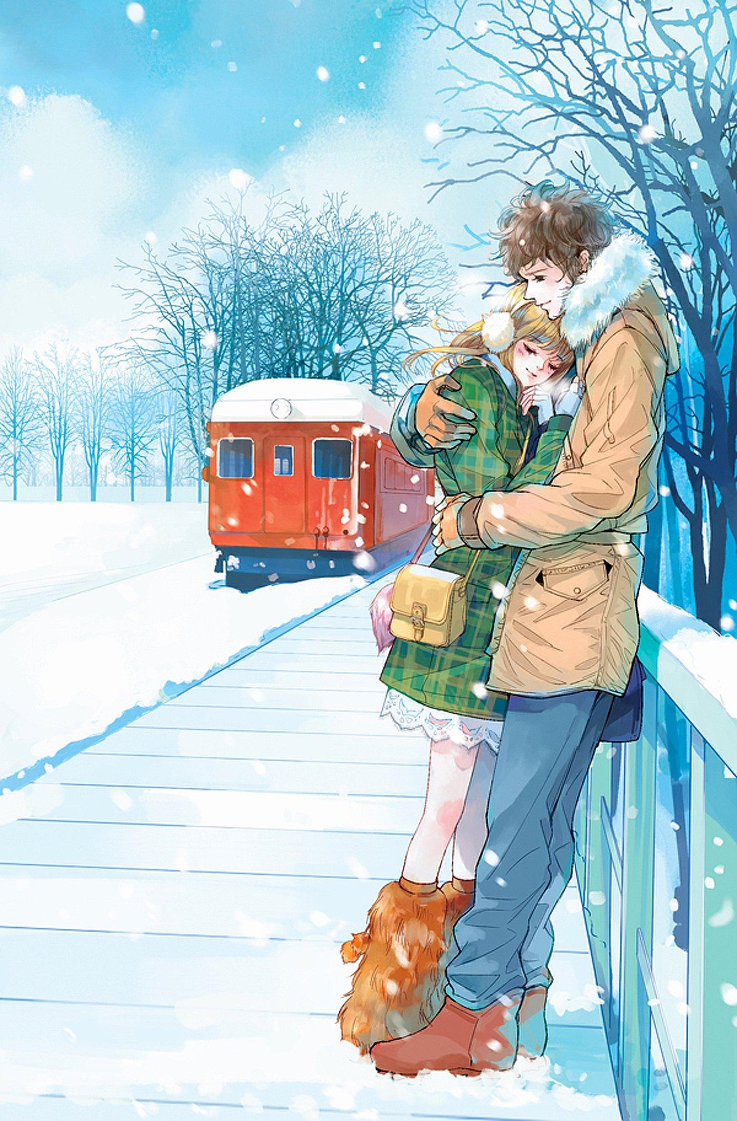 red, Train, Anime, Couple, Snow, Romantic, Love, Tree