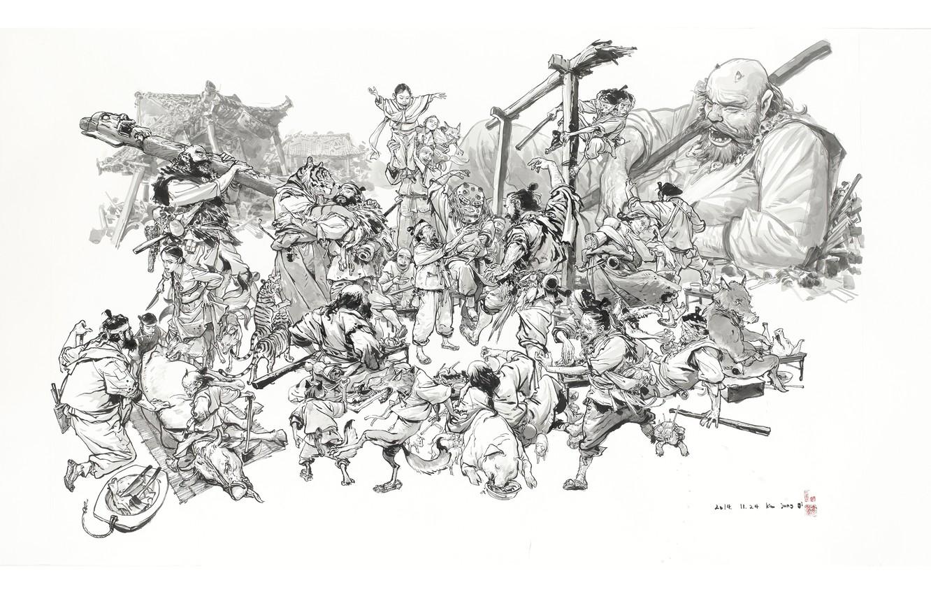 Wallpaper white, black, art, Kim Jung Gi image for desktop