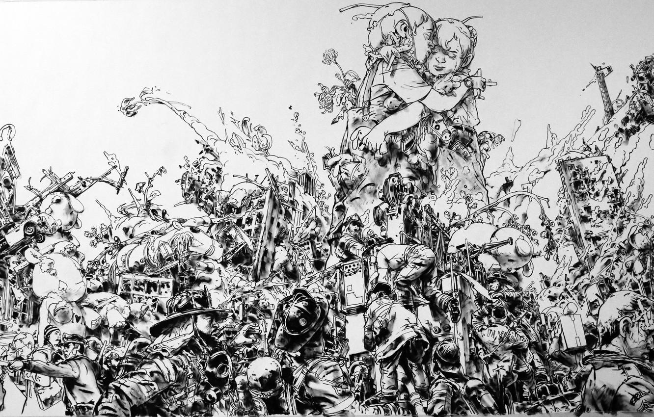 Wallpaper white, black, art, Kim Jung Gi image for desktop