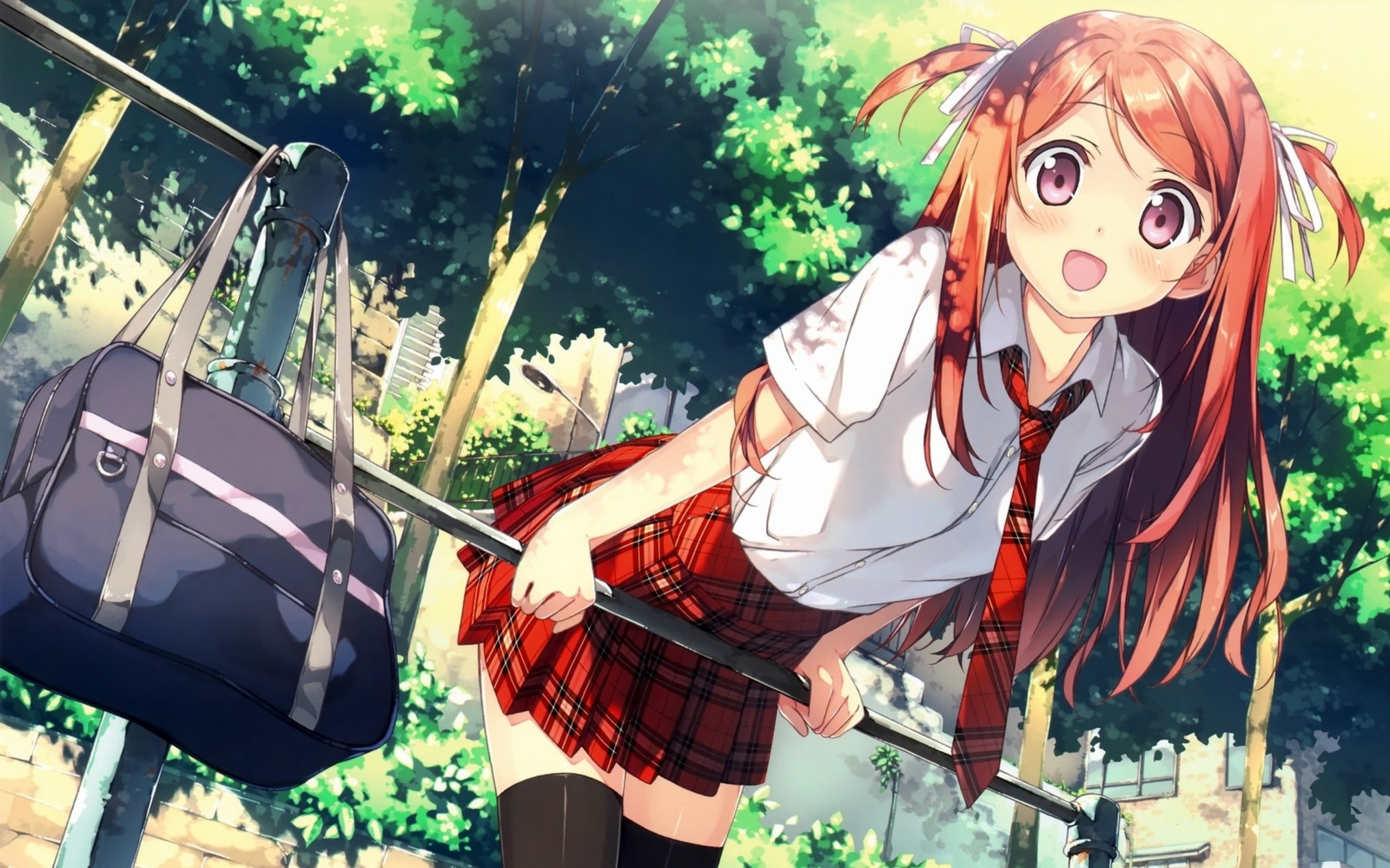 Brown haired girl in white and red school uniform anime