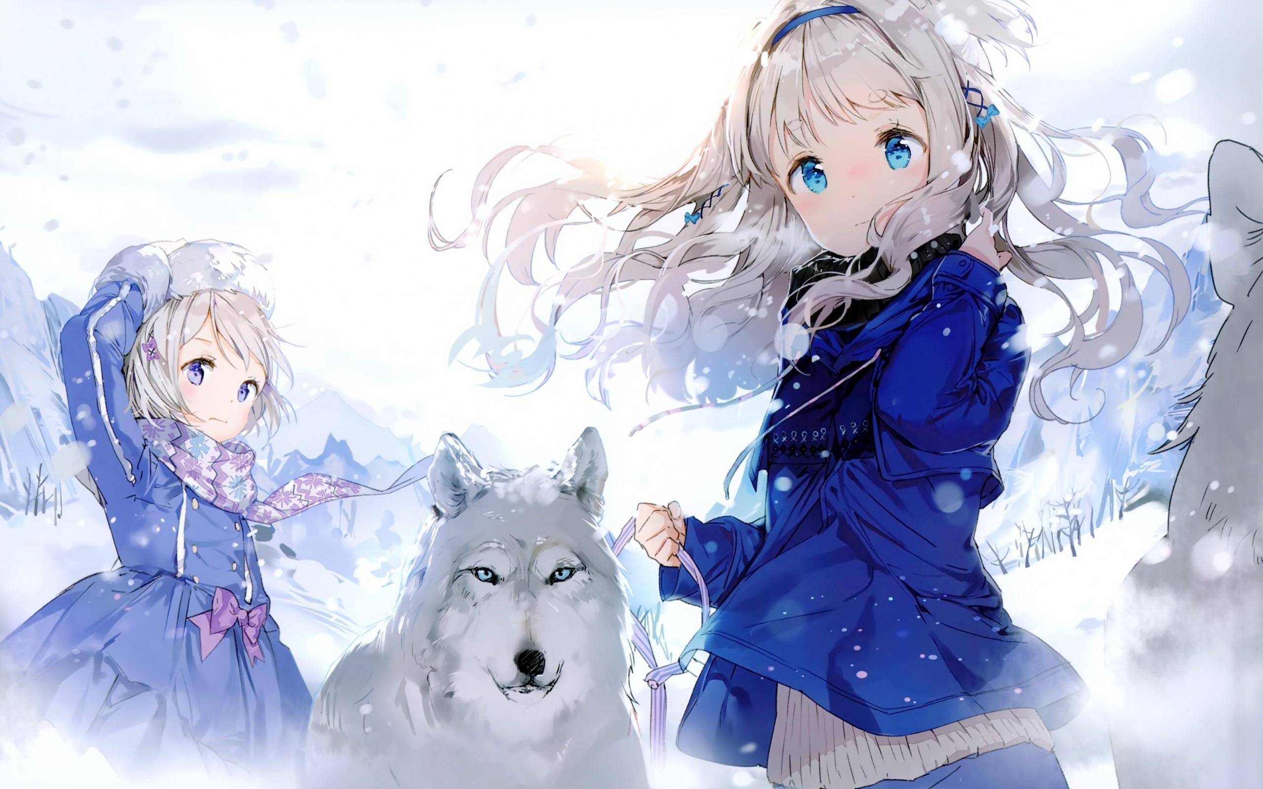 Download 2560x1600 Anime Girls, Wolf, Winter, Wind, Snow