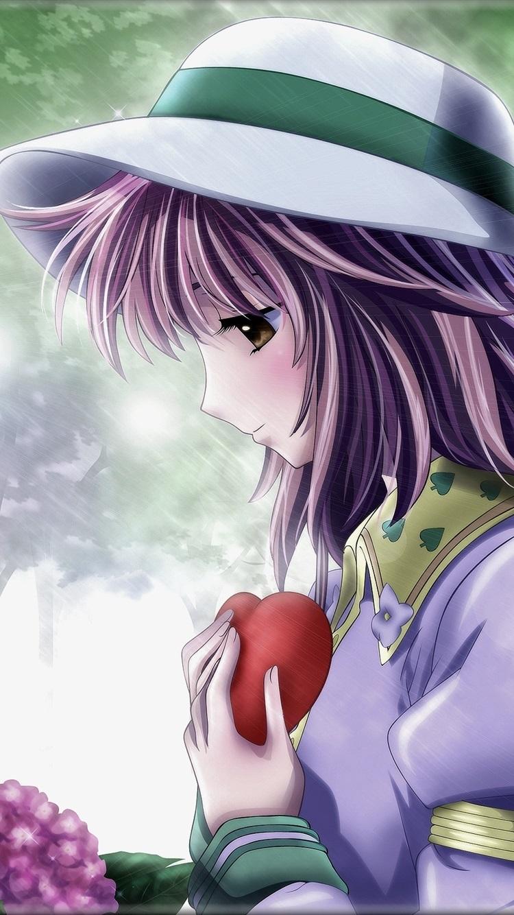 Sadness anime girl, purple hair, hat, rain 750x1334 iPhone 8