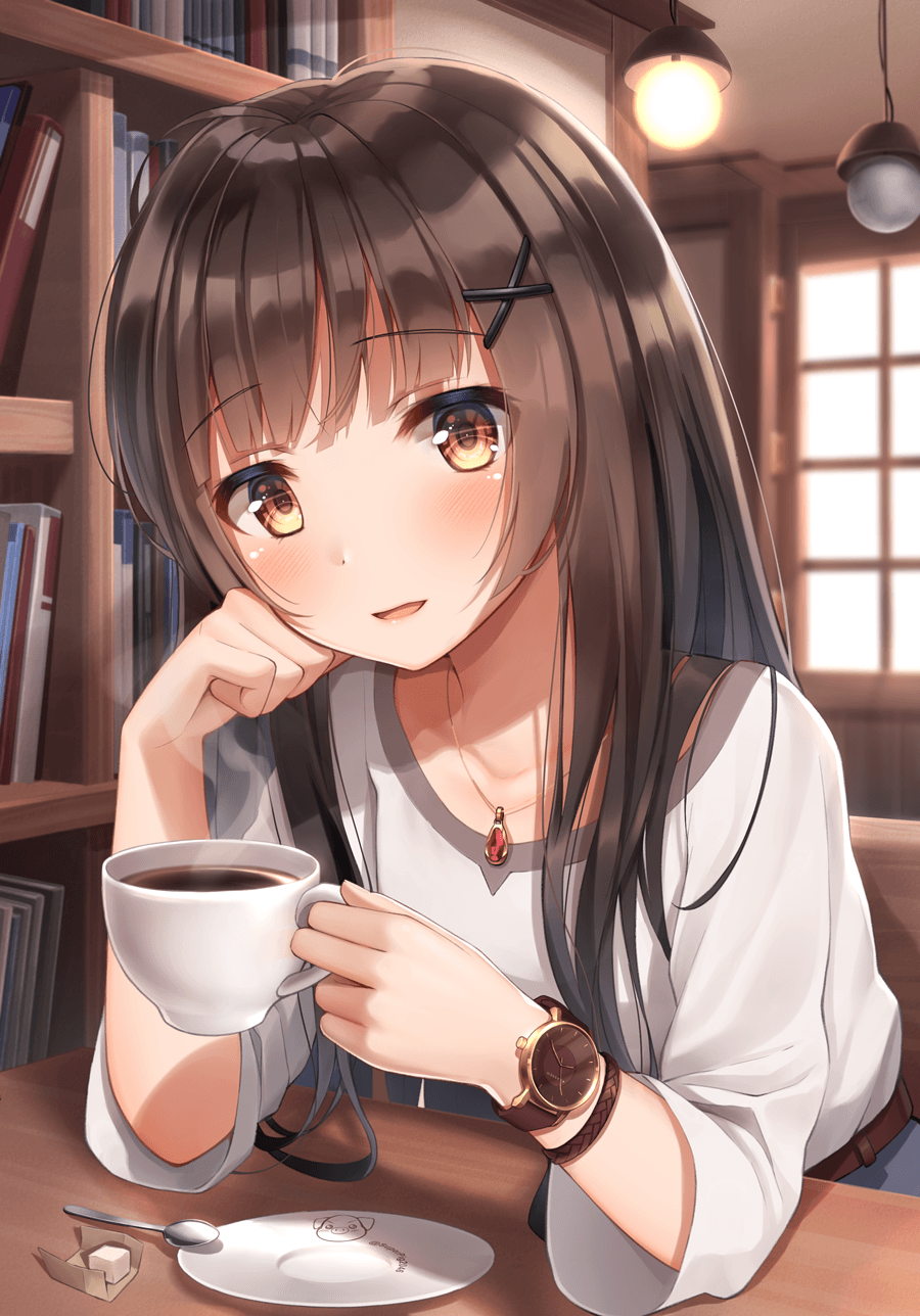 Cute Anime Girl Drinking Coffee gambar ke 17