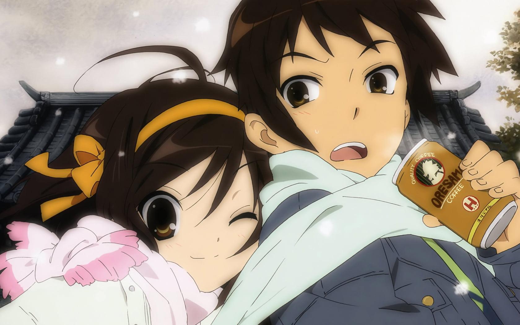 Boy holding can with girl in dress anime characters HD