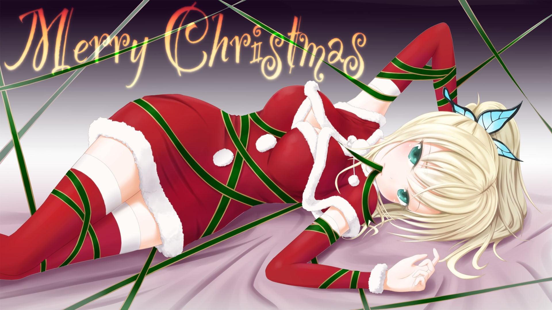 Female Anime Character Illustration With Merry Christmas Text Overlay, Knee Highs, Holiday, Blonde, Kashiwazaki Sena HD Wallpaper