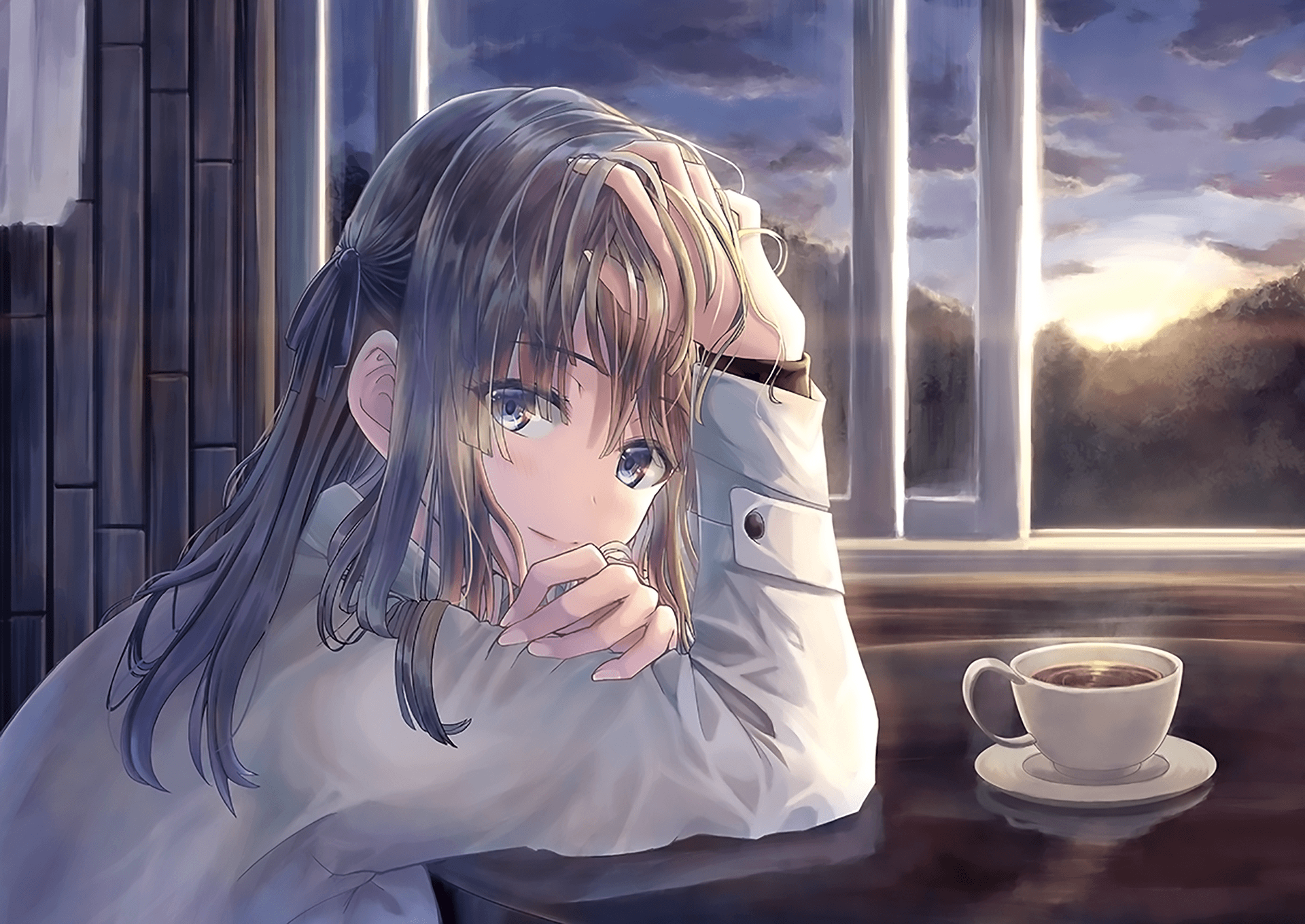 prompthunt: delicious hot steaming mug of coffee on a wooden table in a  lofi rustic anime coffee shop, cafe backdrop, warm amber lighting,  nighttime outside, modern fantasy setting, cgi cartoon anime art