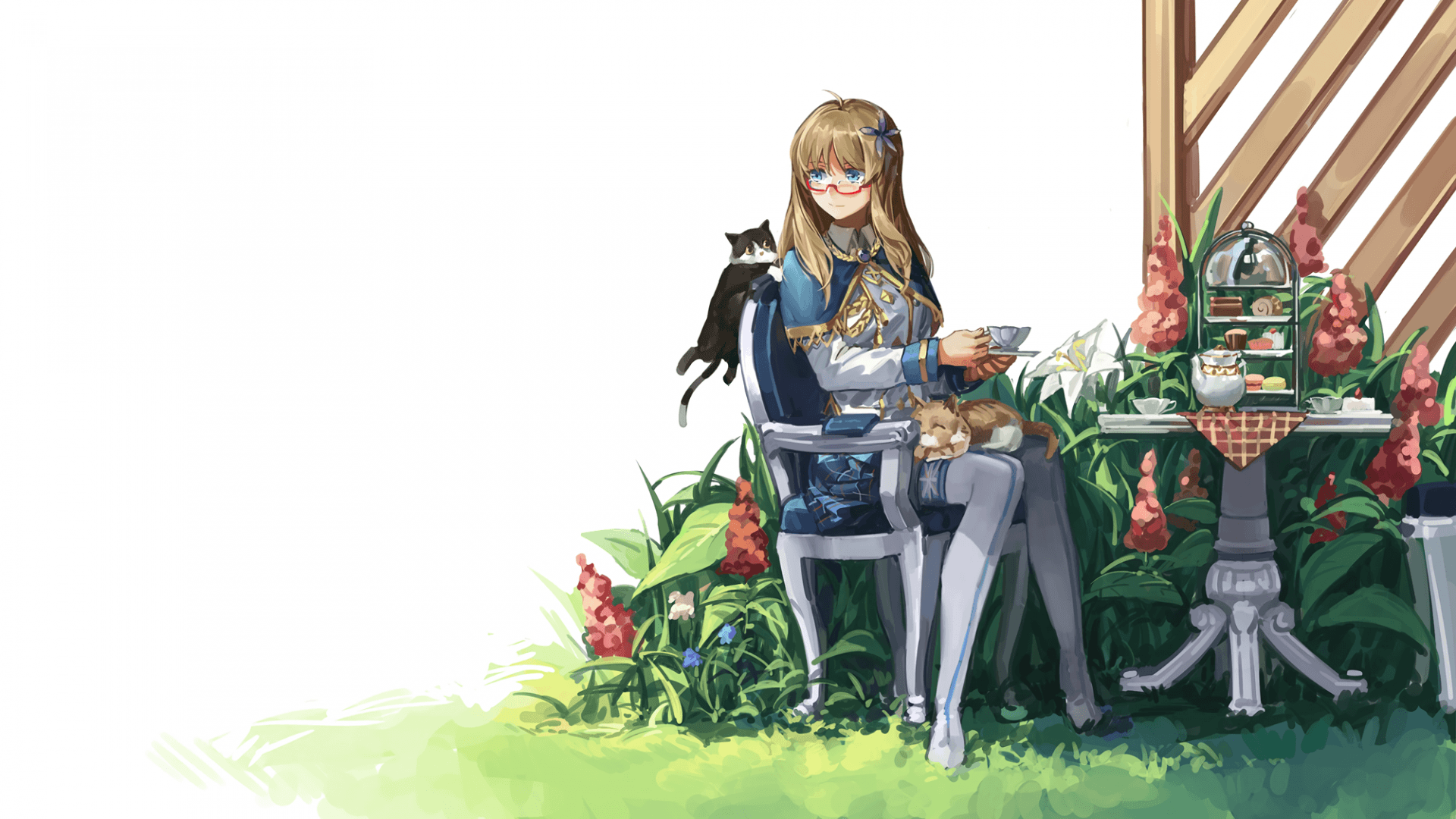 Download 1920x1080 Anime Girl, Glasses, Sitting, Coffee, Drinking, Chair, Cats, Neko Wallpaper for Widescreen