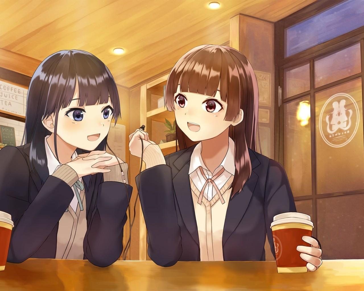 Download 1280x1024 Anime Girls, Coffee, Cafe, Friends, Drinks Wallpaper