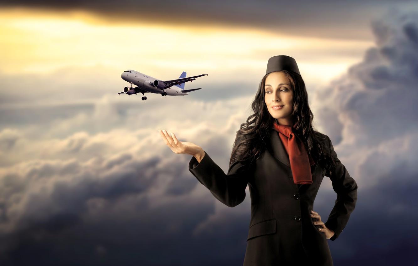 Wallpaper girl, clouds, flight, the plane, stewardess image
