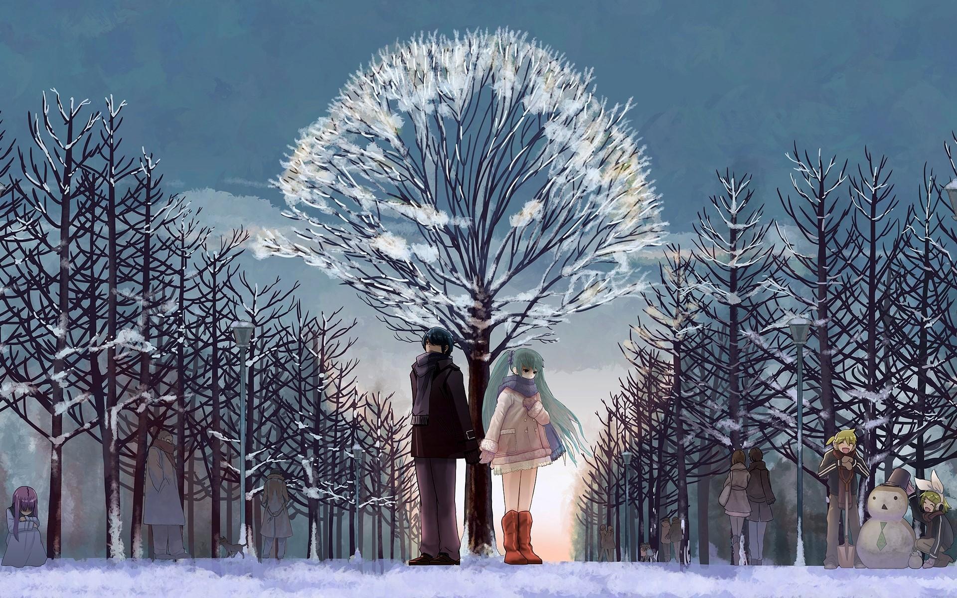 Anime, Couple, Love, Walk, Woods, Winter, Snow wallpaper