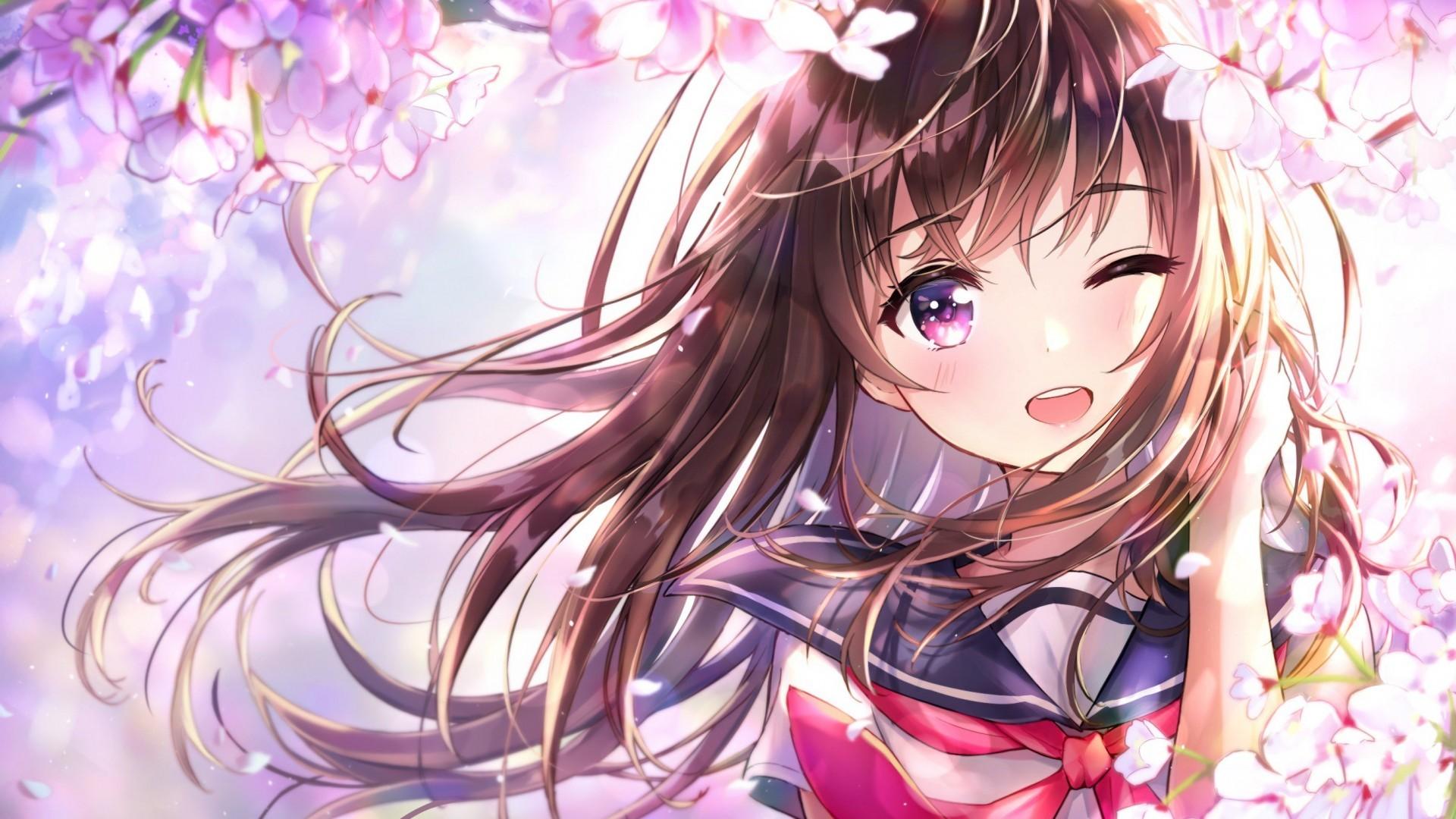 Download 1920x1080 Anime Girl, Wink, Cherry Blossom, Cute, School Uniform, Smiling Wallpaper for Widescreen