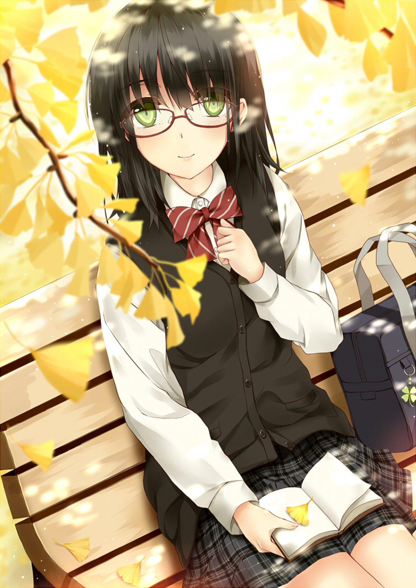 Original anime girl school uniform autumn leaves cute beautiful