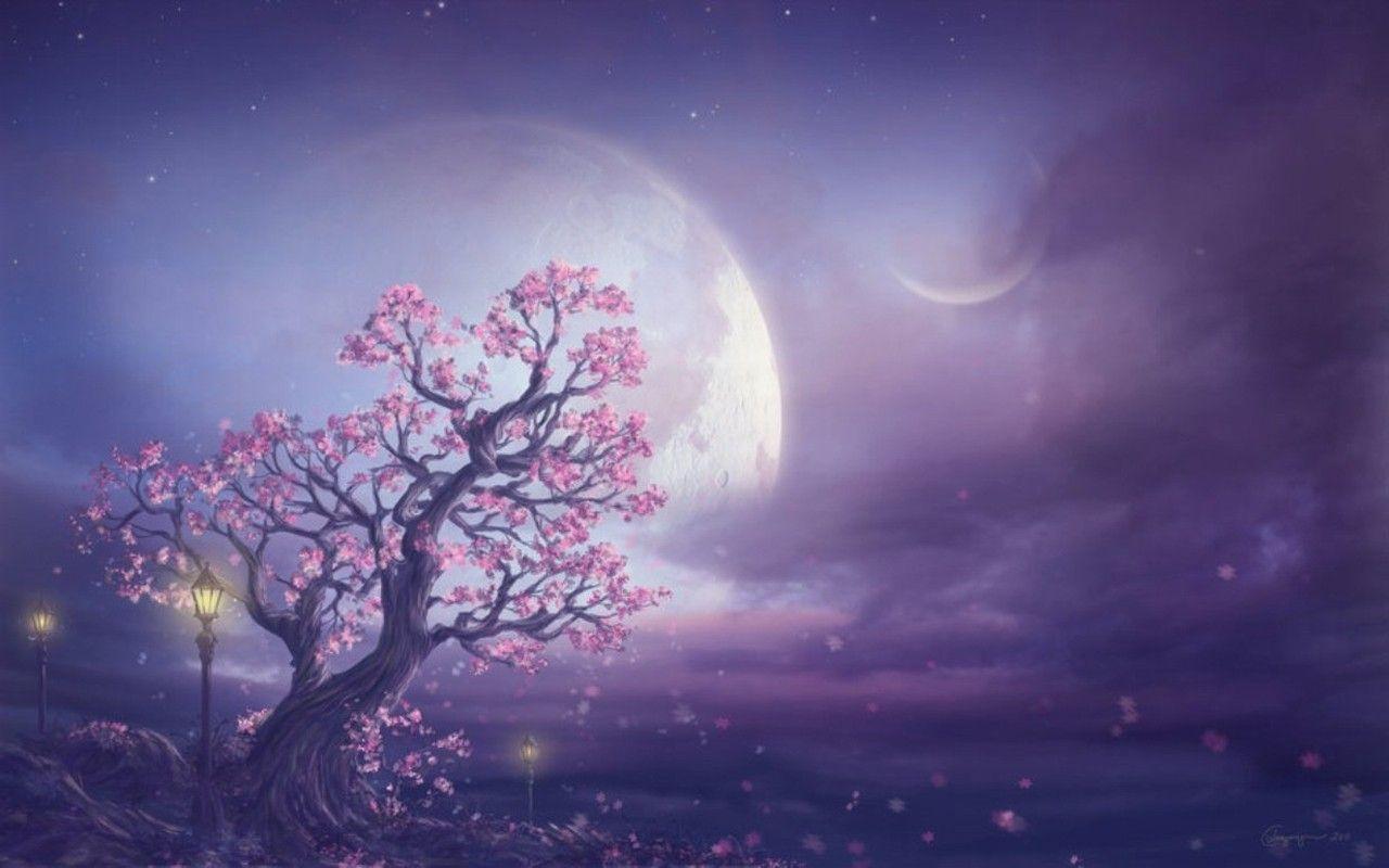 Full View and Download Pink Moon Fantasy Art Wallpaper. Fairy wallpaper, Cherry blossom painting, Pink moon wallpaper