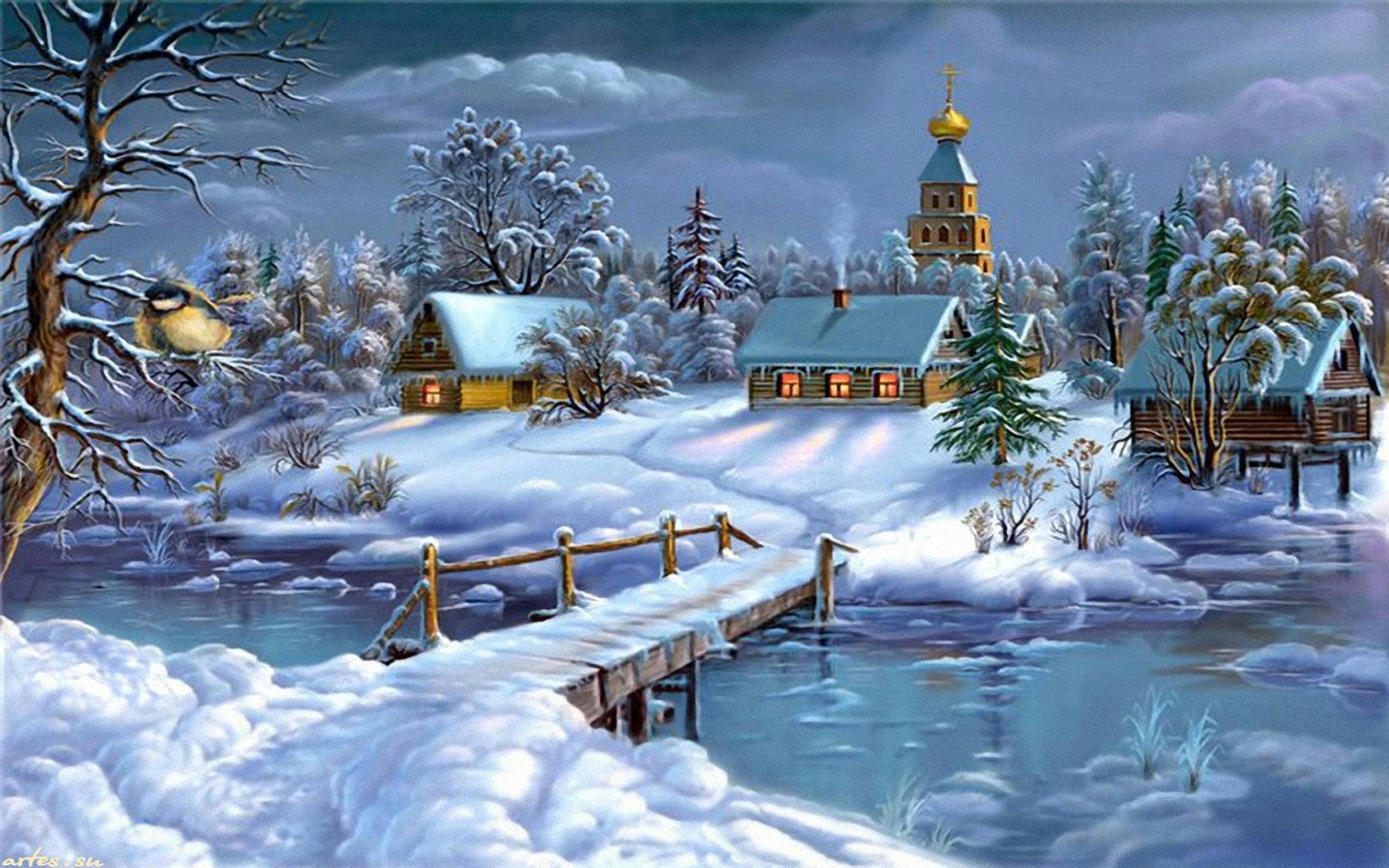Download Wallpaperlandscape, Winter, Frozen River House