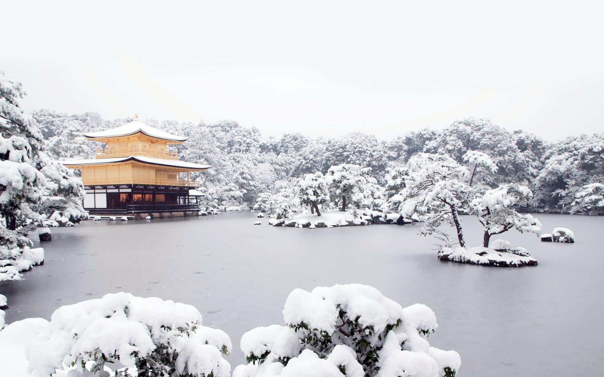 Landscapes nature snow Japanese house frozen lake wallpapers