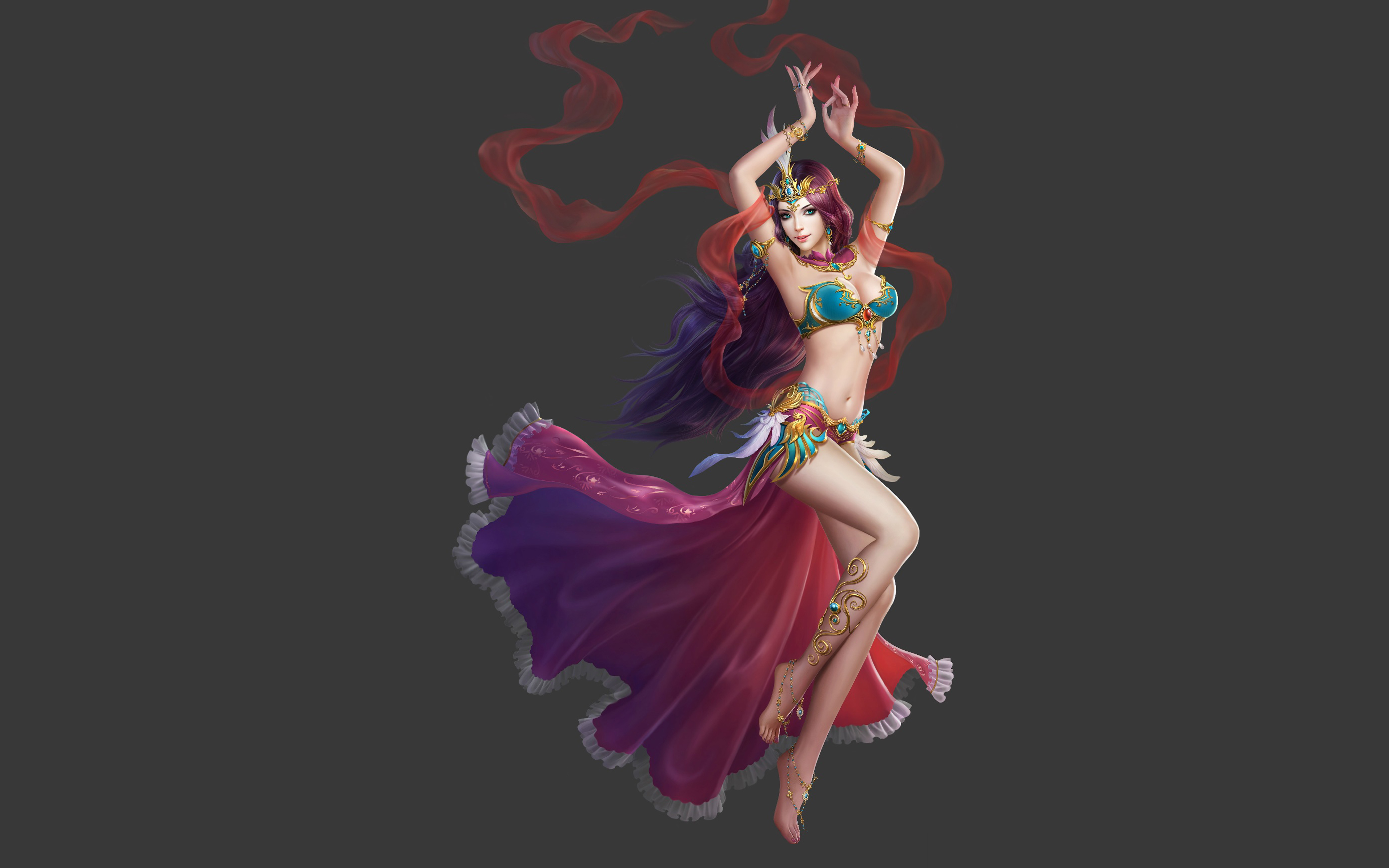 Oriental Dancer Girl with Red Long Hair Silk Clothing