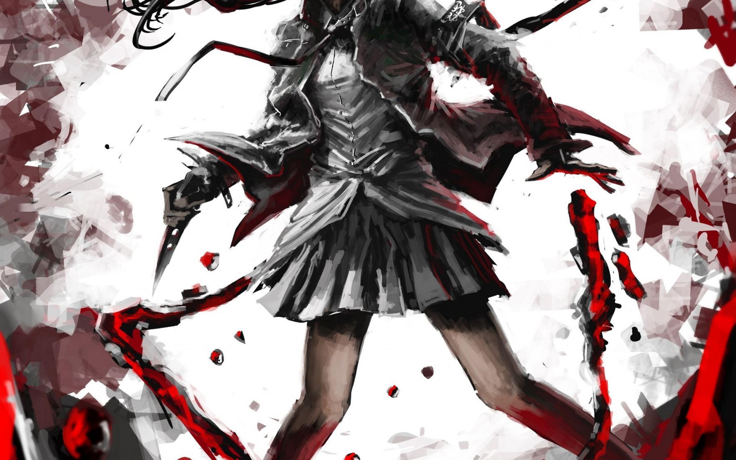 anime girls digital art blood knife wallpaper and background