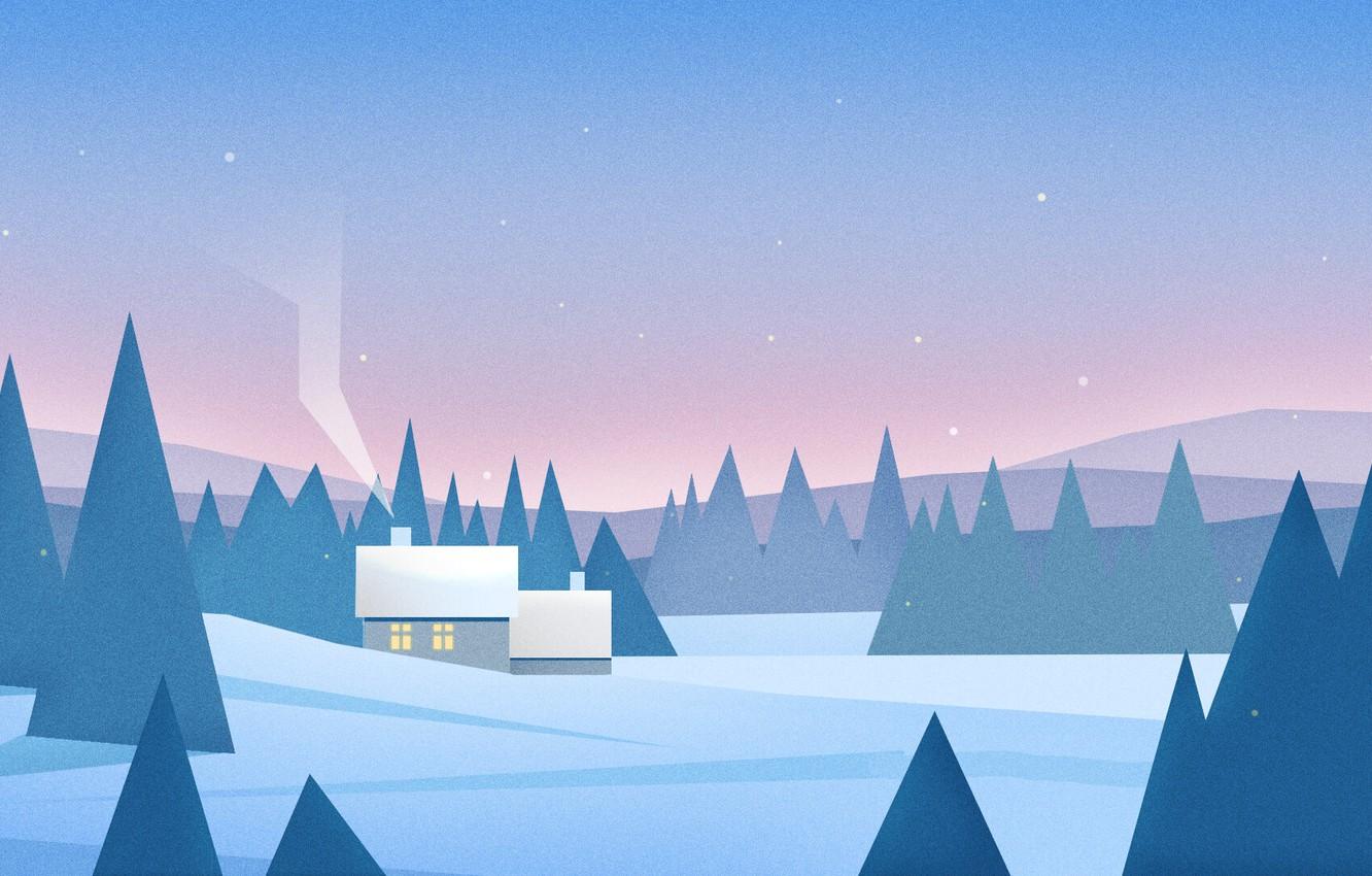 Wallpaper Nature, Winter, Minimalism, Trees, Snow, Forest, House