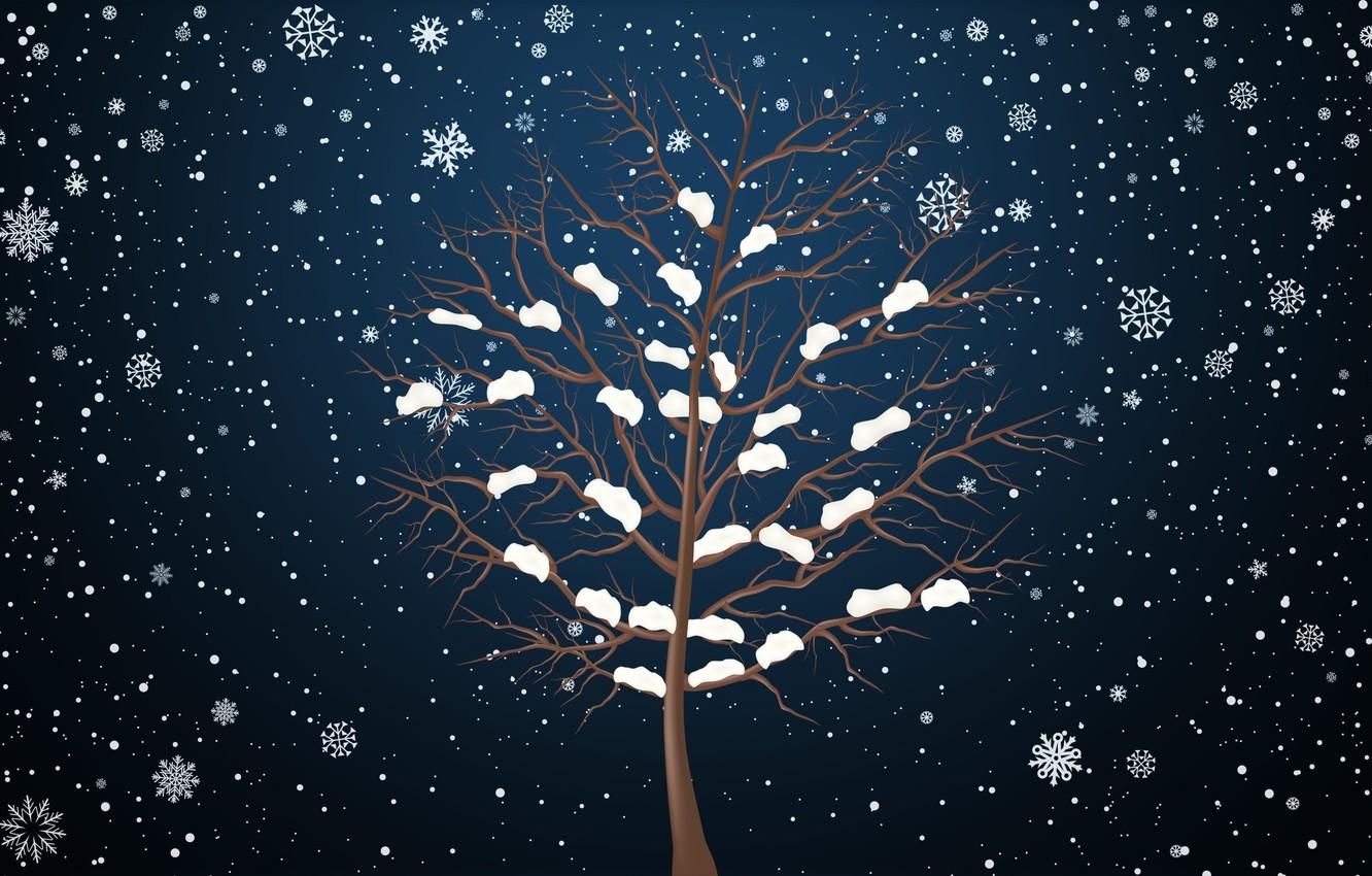 Wallpaper Winter, Minimalism, Tree, Snow, Snowflakes