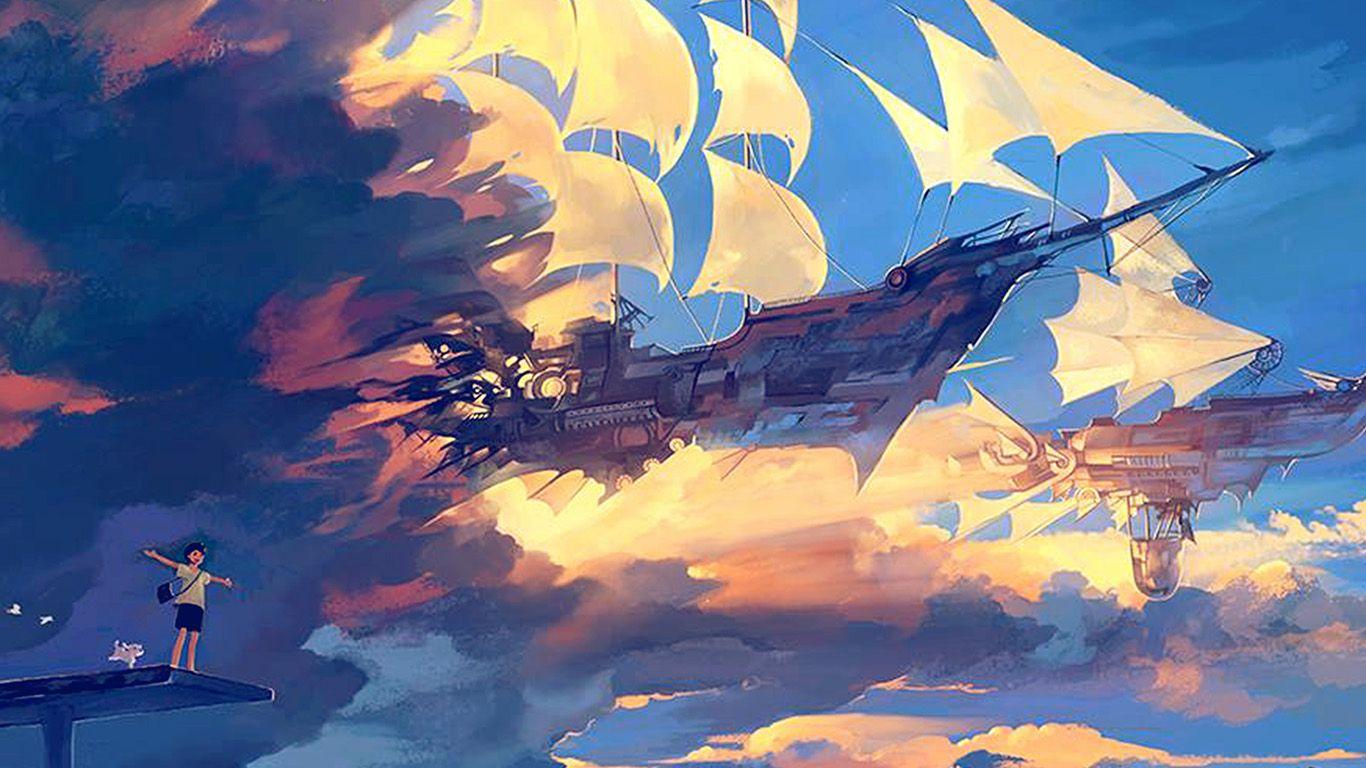 Fly Ship Anime Illustration Art Blue. Desktop Wallpaper Art