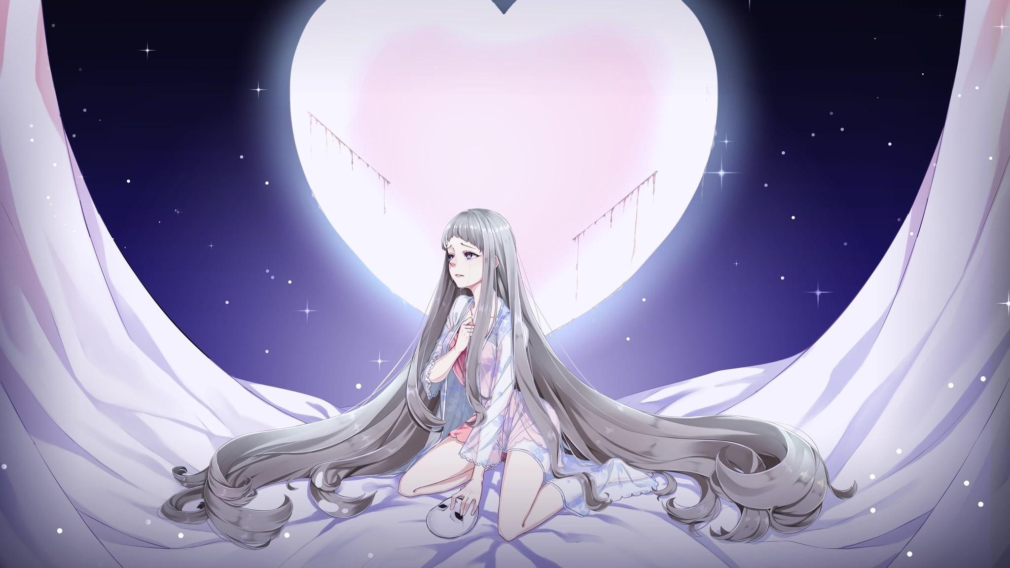 Anime, Girl, Moon, Crying, Long Hair, Wallpaper Girl