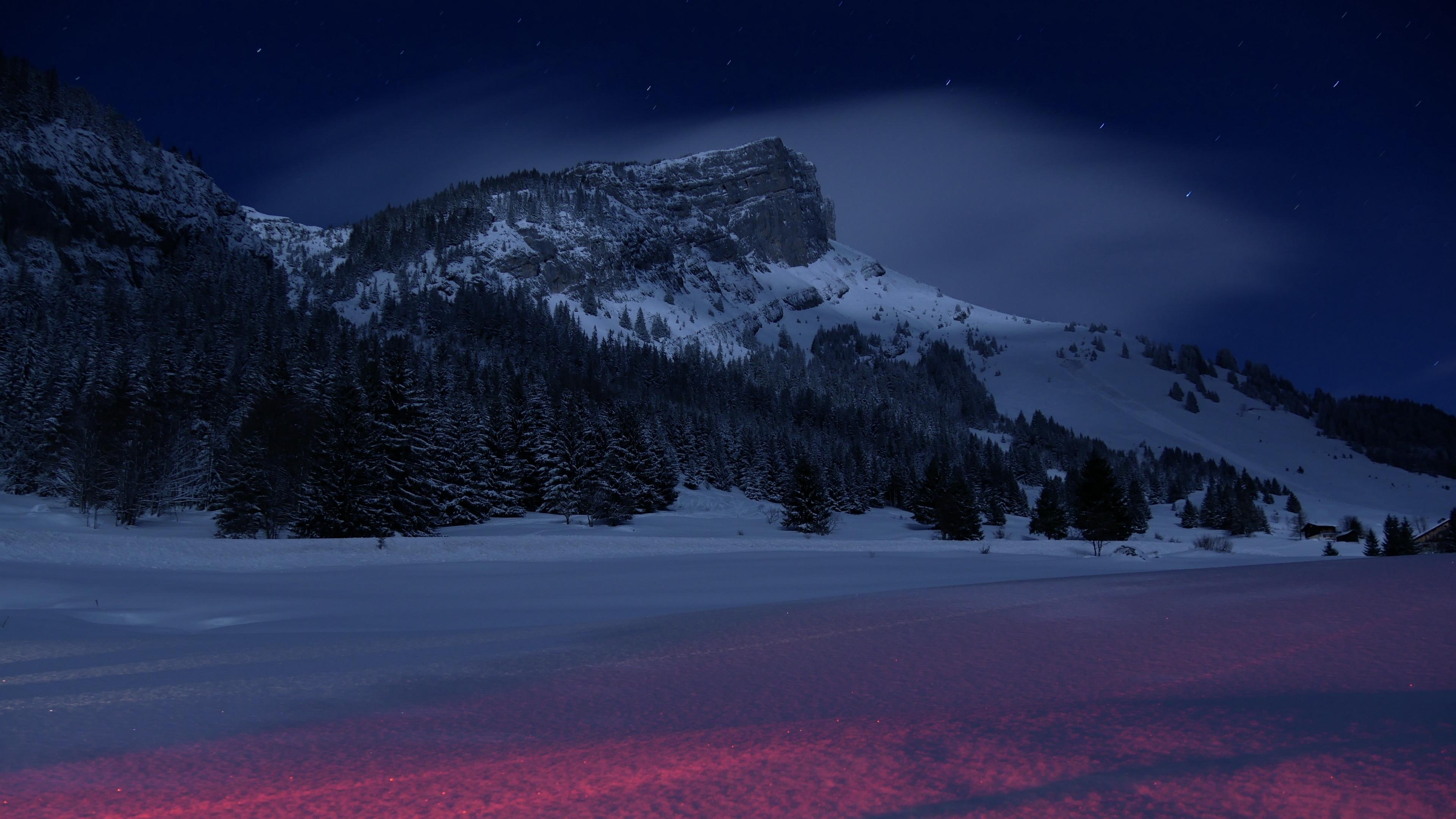 Download wallpaper 3840x2160 mountains, night, winter, snow