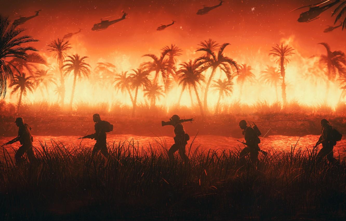 Wallpaper Fire, War, Helicopter, Palm trees, Soldiers, Army