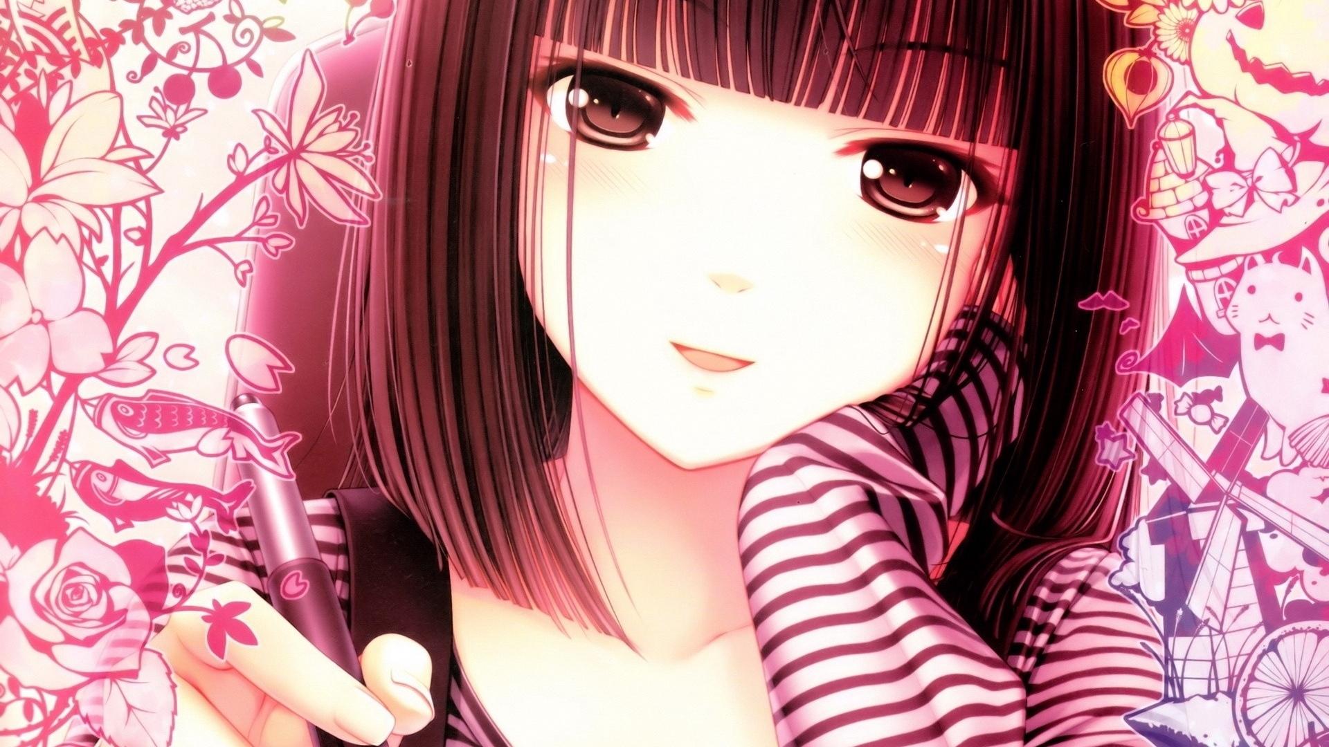 Download wallpaper 1920x1080 anime, girl, face, pen, white, pink full hd, hdtv, fhd, 1080p HD background