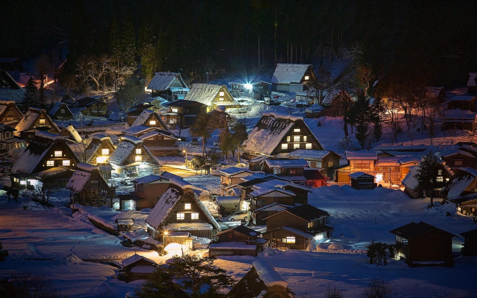 landscape nature village lights japan snow winter night