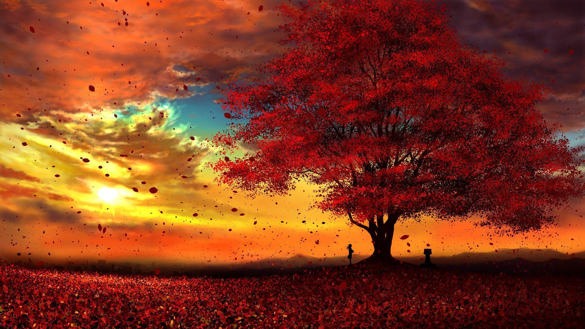 Red Tree in Autumn Forest