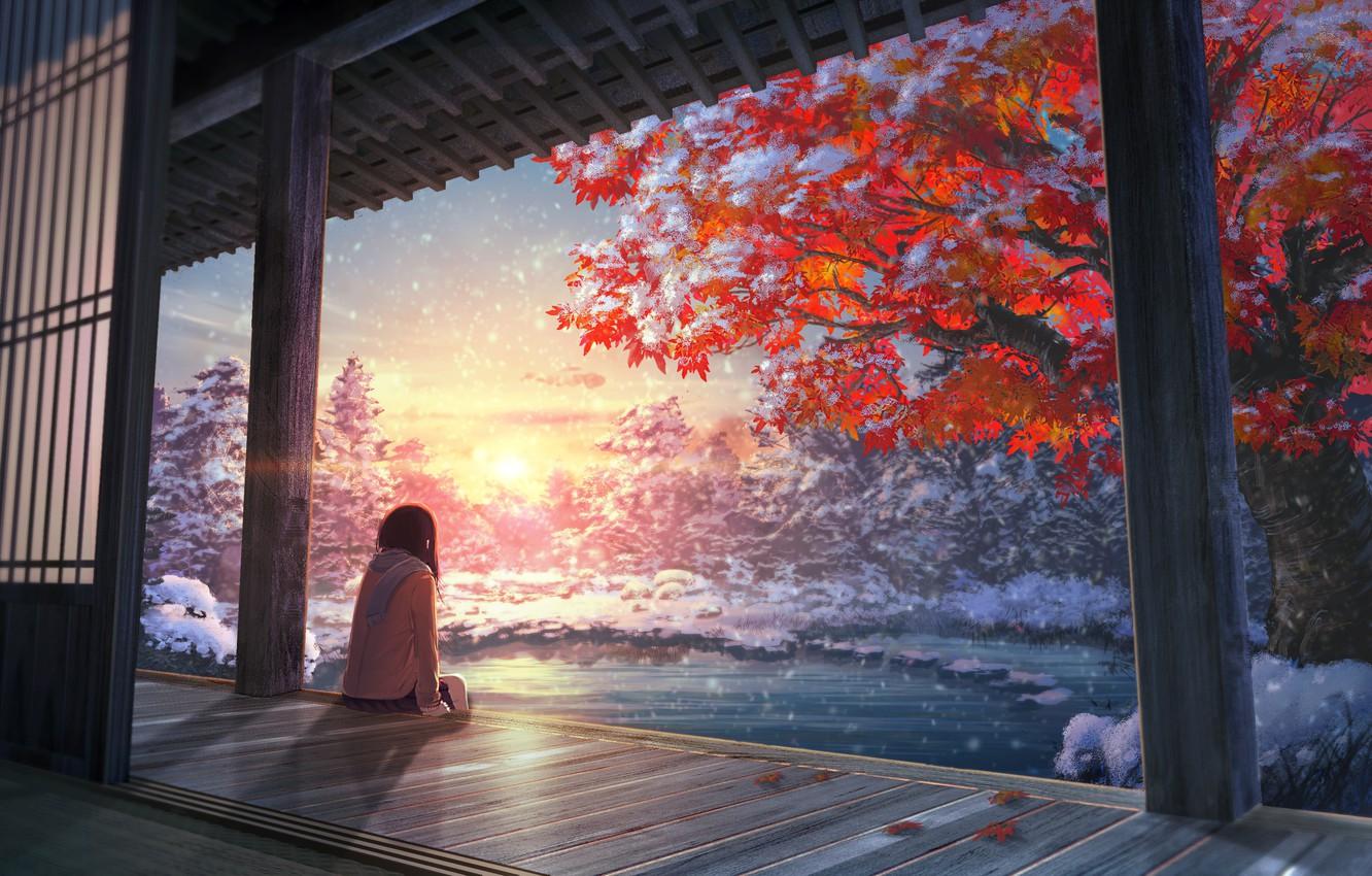 Wallpaper autumn, girl, tree, anime, art image for desktop