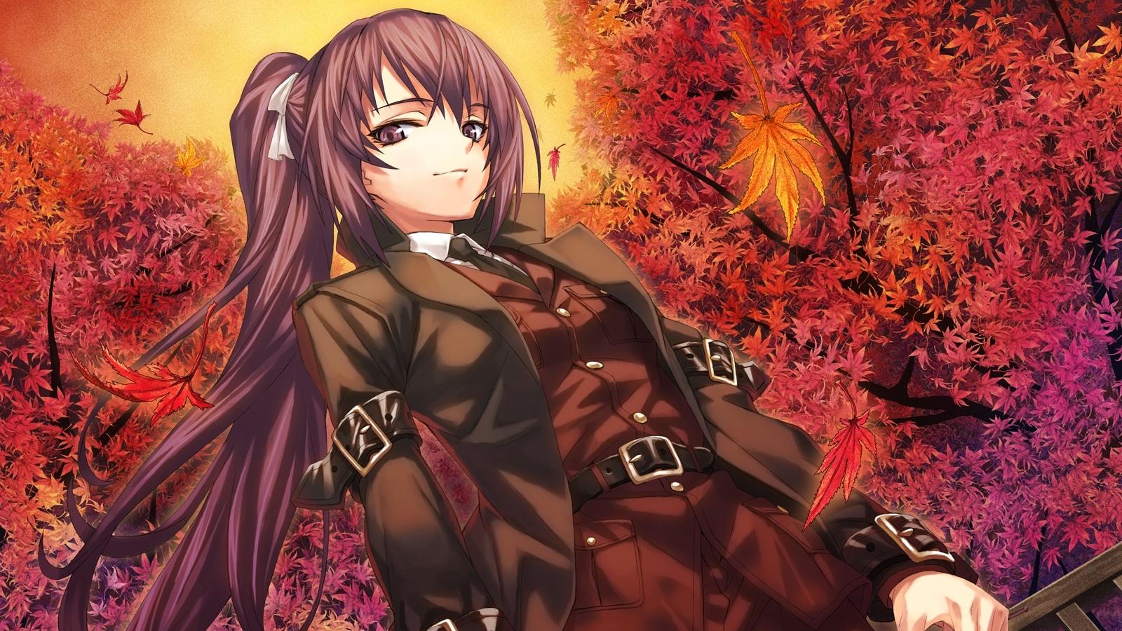 Wallpaper Purple hair anime girl, maple tree, red leaves