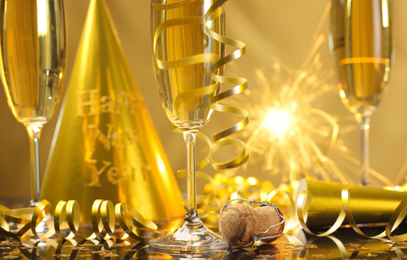 Wallpaper New Year, glasses, golden, champagne, serpentine