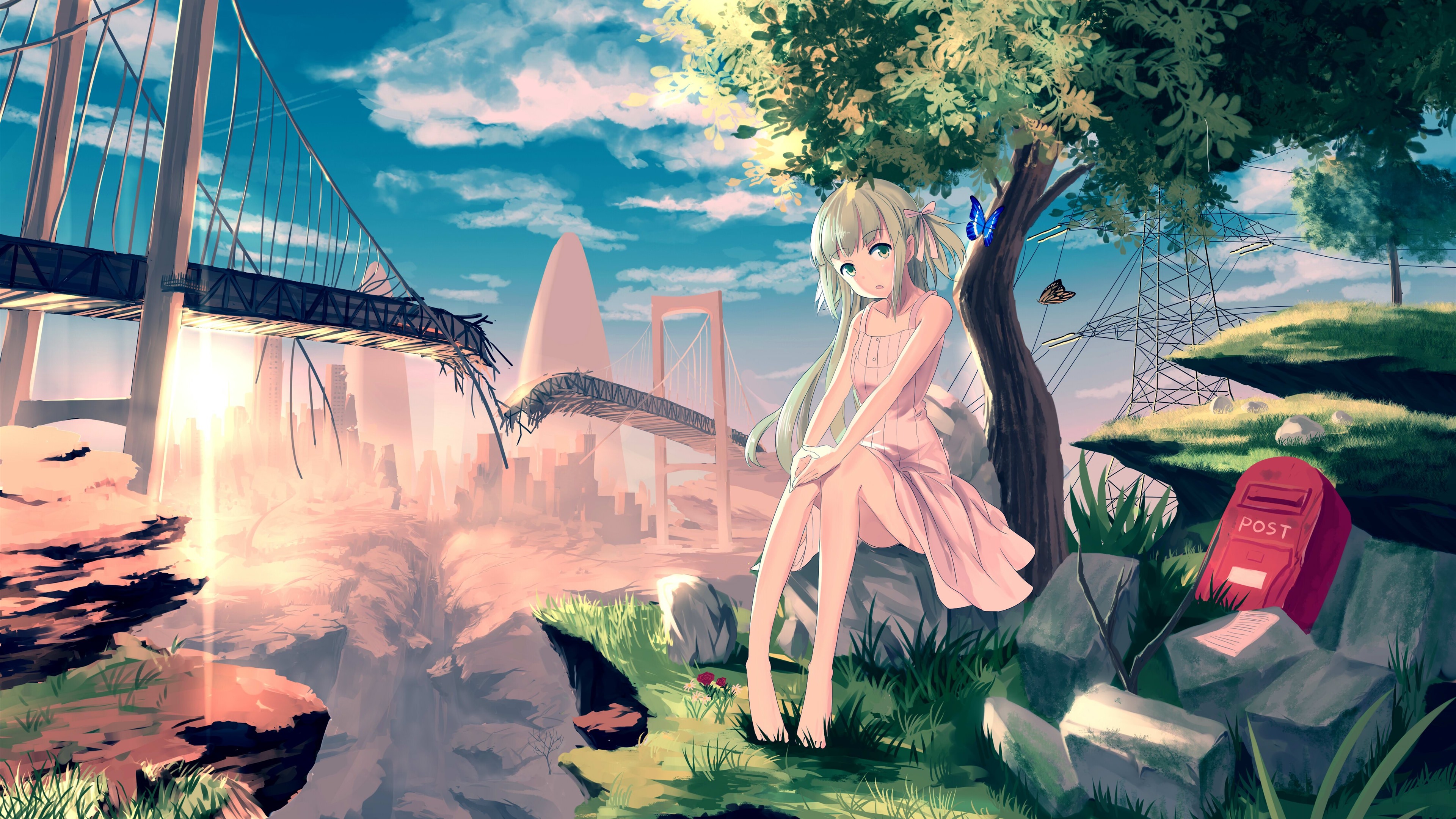 Wallpaper Lonely anime girl, tree, butterfly, broken bridge