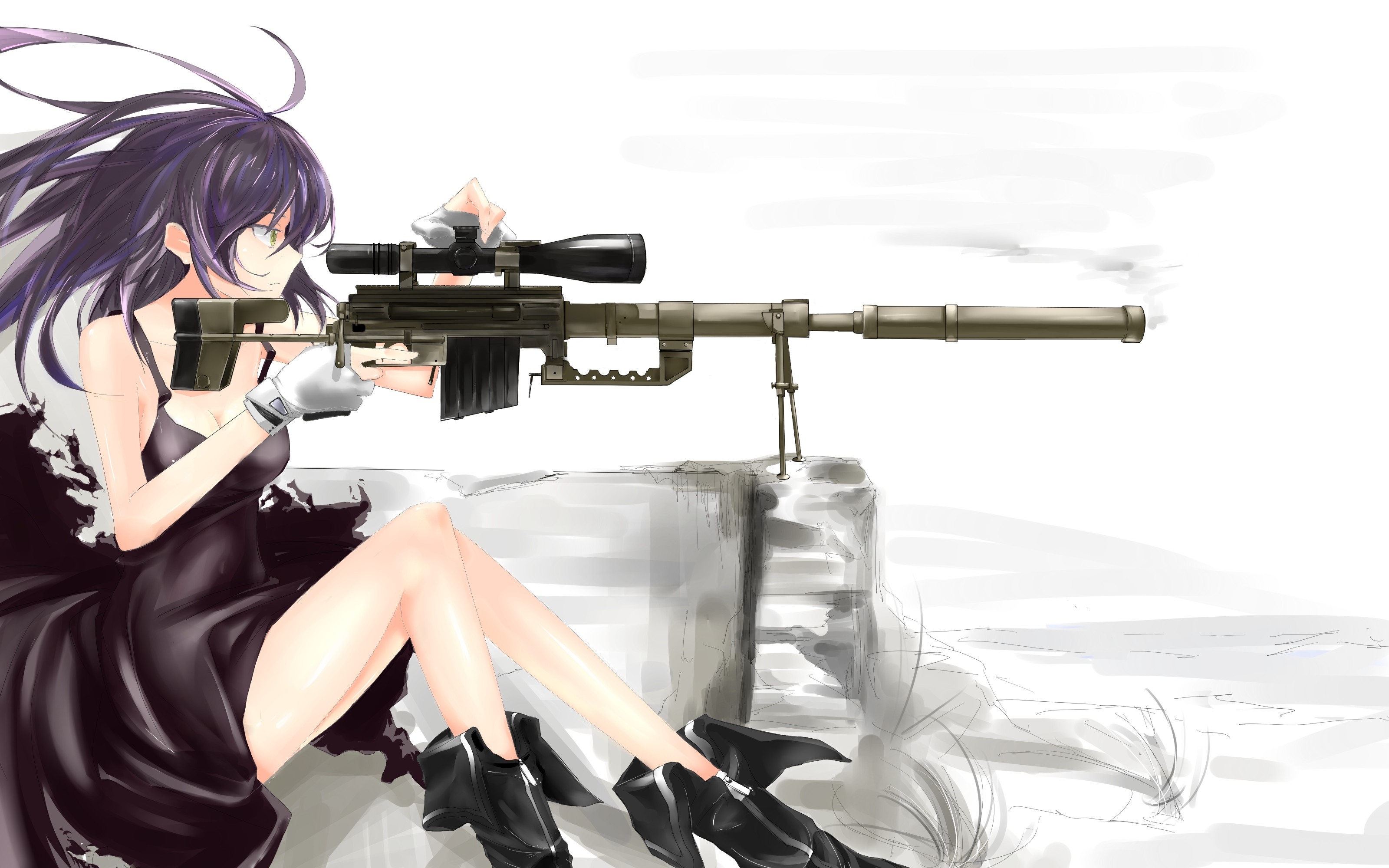Boots gloves dress cleavage long hair weapons green eyes purple