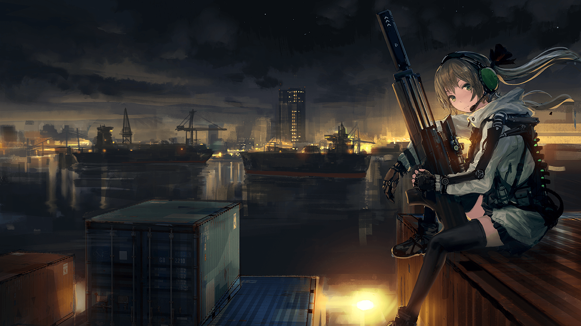 Download 1920x1080 Anime Girl, Soldier, Sitting, Sniper, Artwork Wallpaper for Widescreen