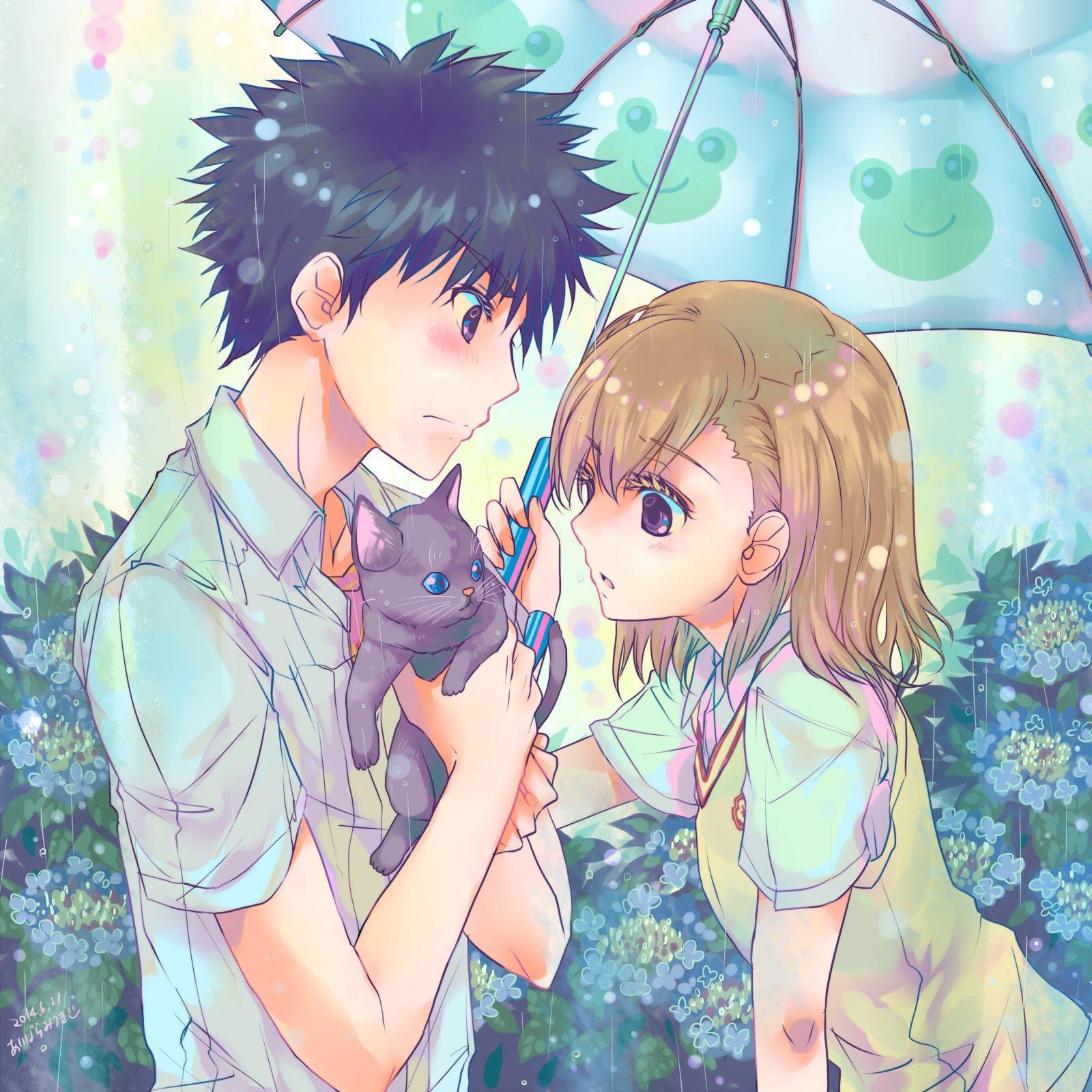 umbrella, Anime, Couple, Cat, Cute, Girl, Boy, Rain, Love