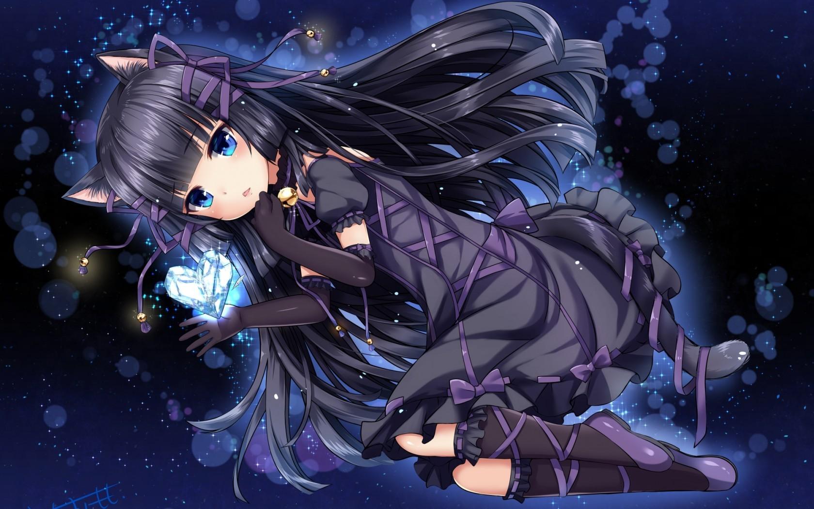 Download 1680x1050 Anime Cat Girl, Lolita, Black Hair, Cute