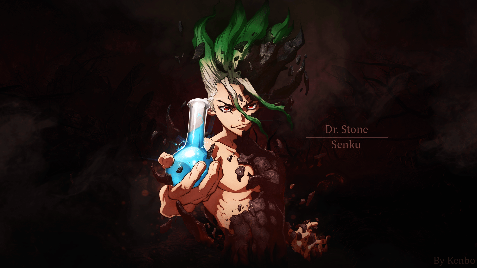 anime men, #scientists, #green hair, #red eyes, #Dr. Stone
