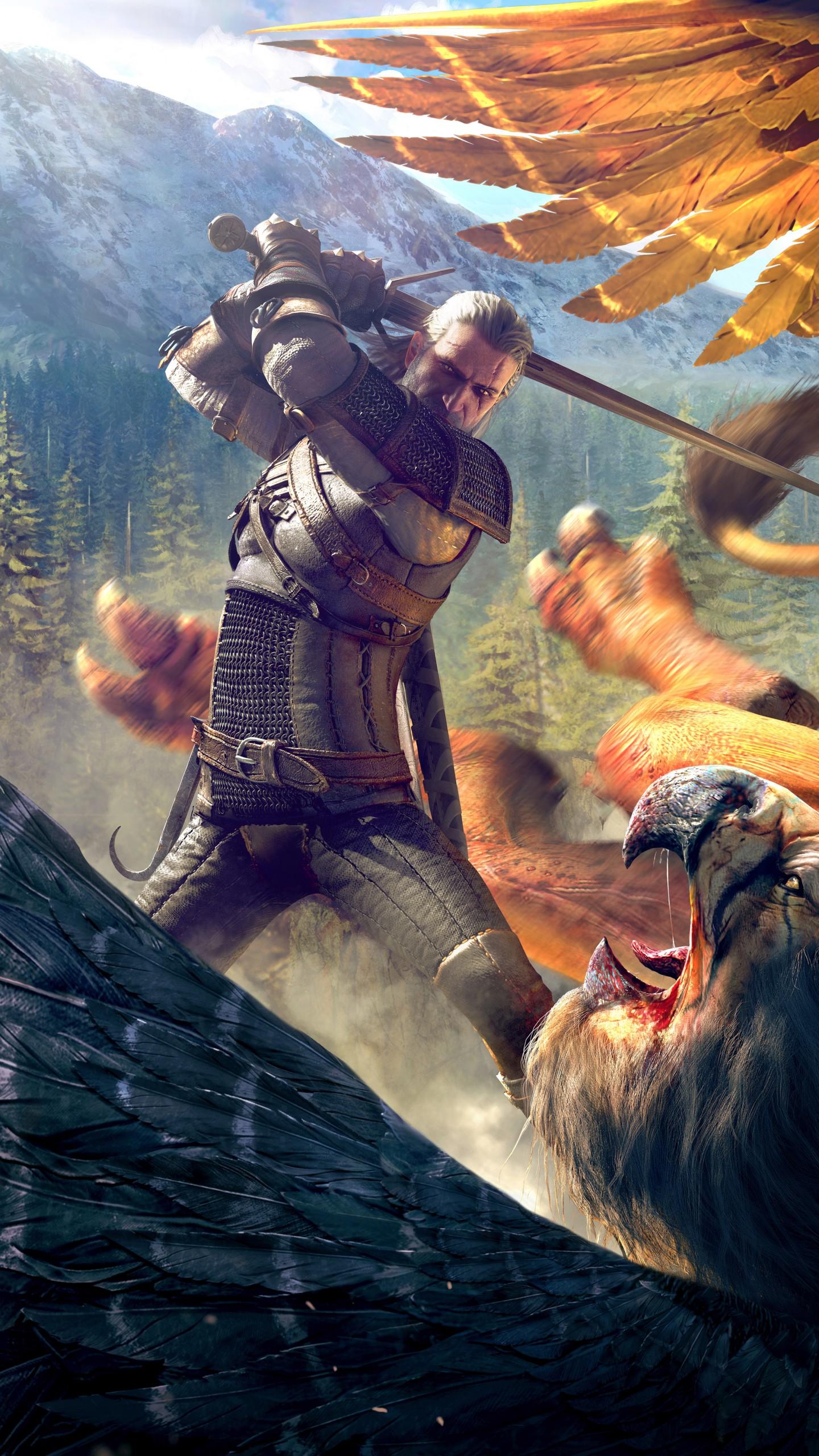 Wallpaper The Witcher Wild Hunt, Geralt, Griffin, 8K